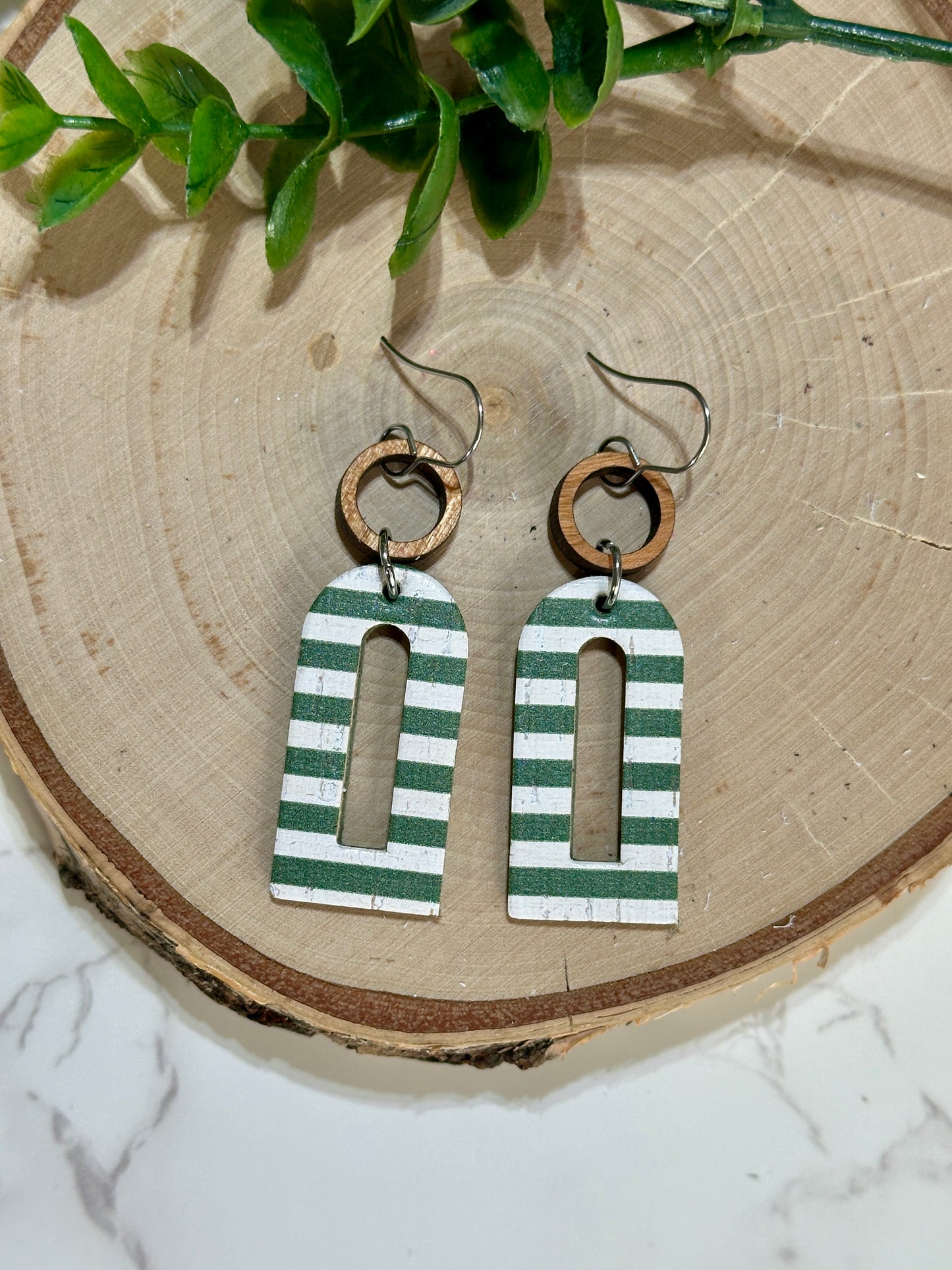 Open Arch Connector Earrings - Green/White Stripes
