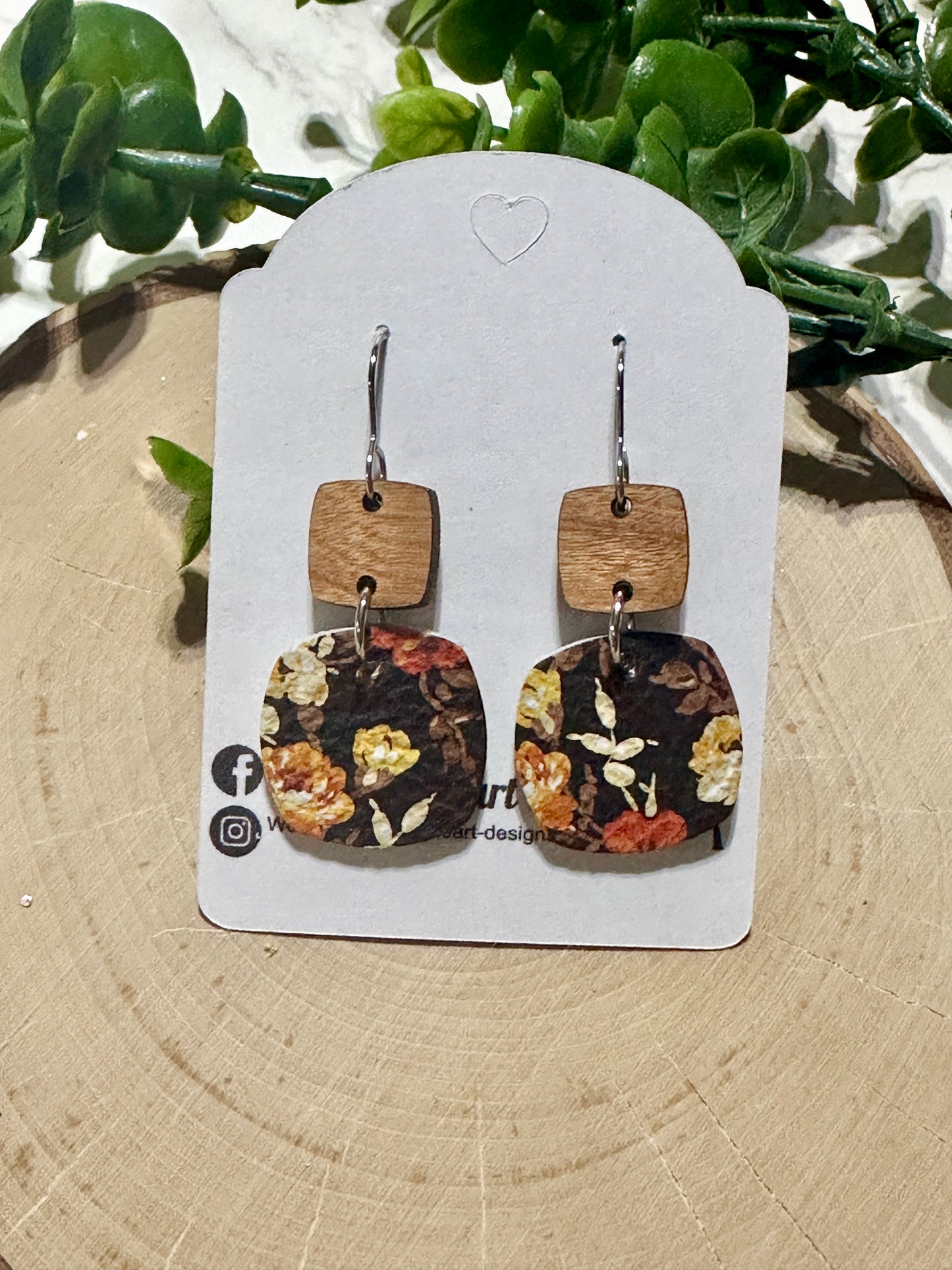Rounded Square/Wood Connector Earrings - Fall Flowers