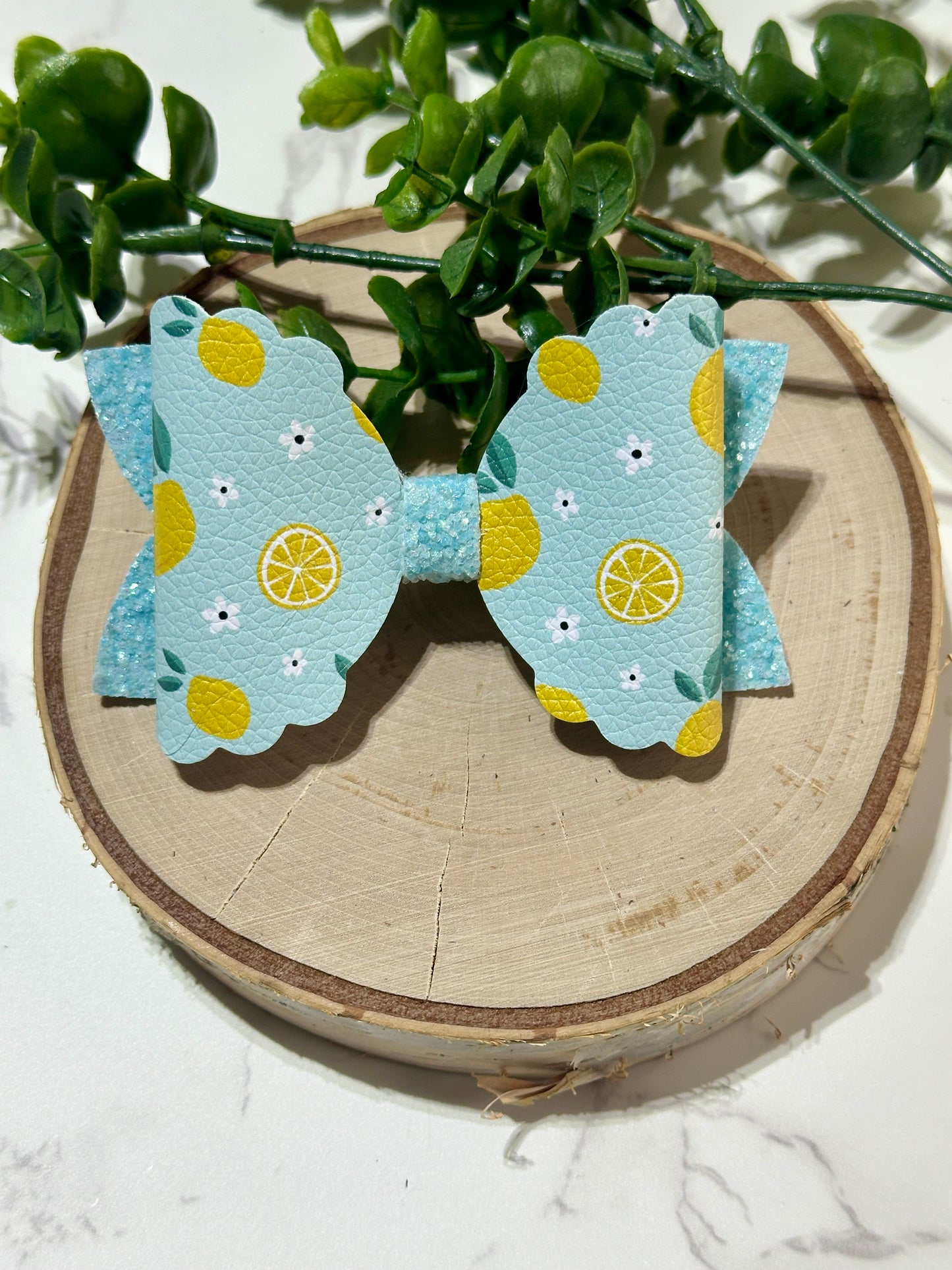 Lemons on Soft Blue Glitter Hairbow
