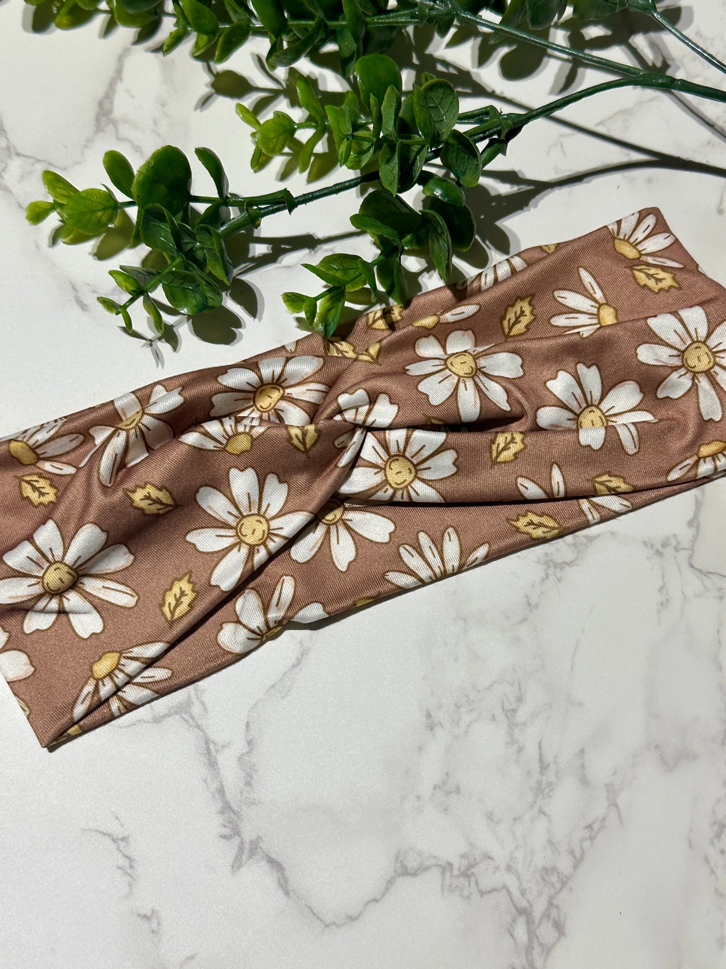 White Flowers on Brown Twist Headband