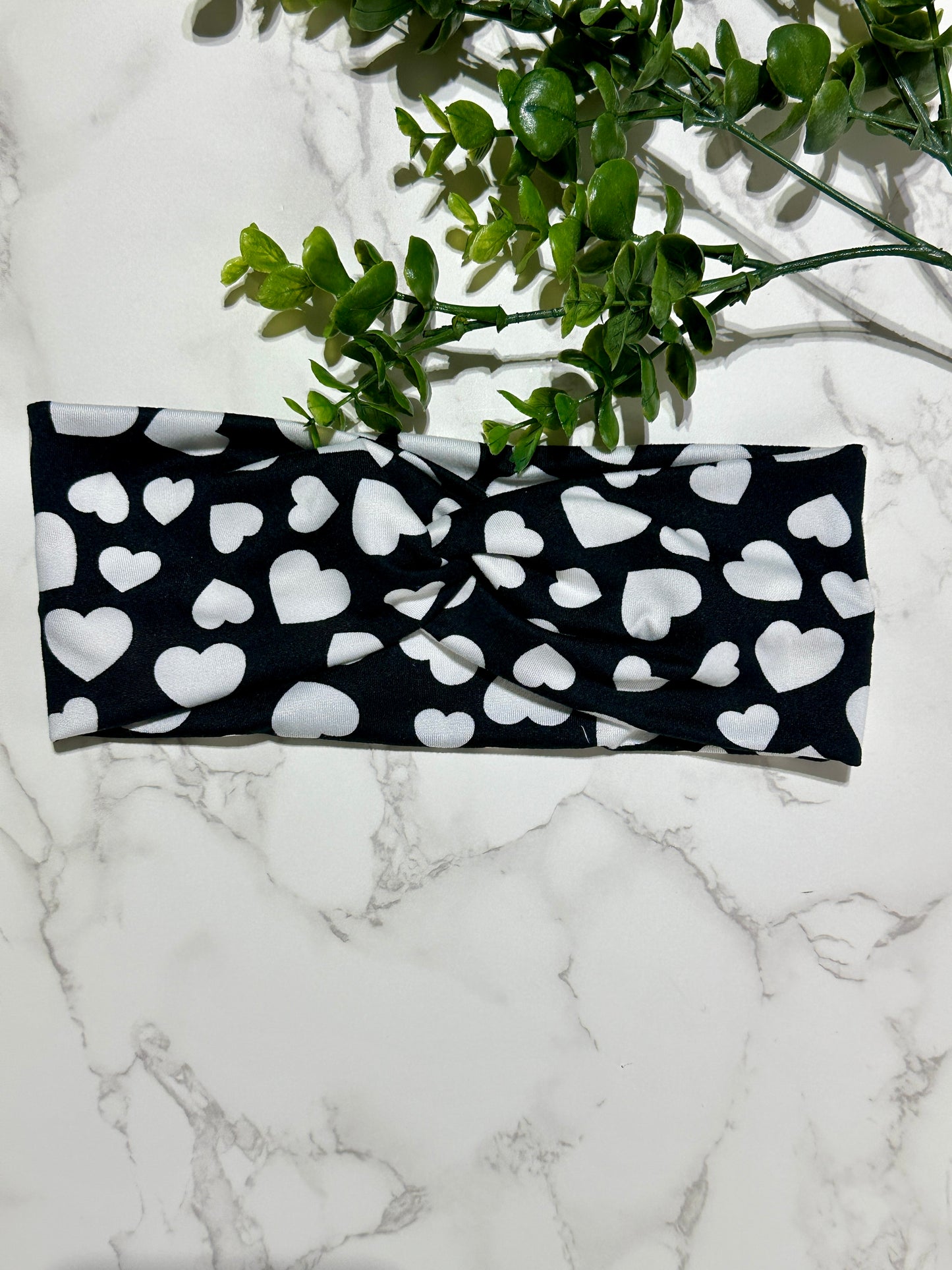 White Hearts on Black Twist Headband