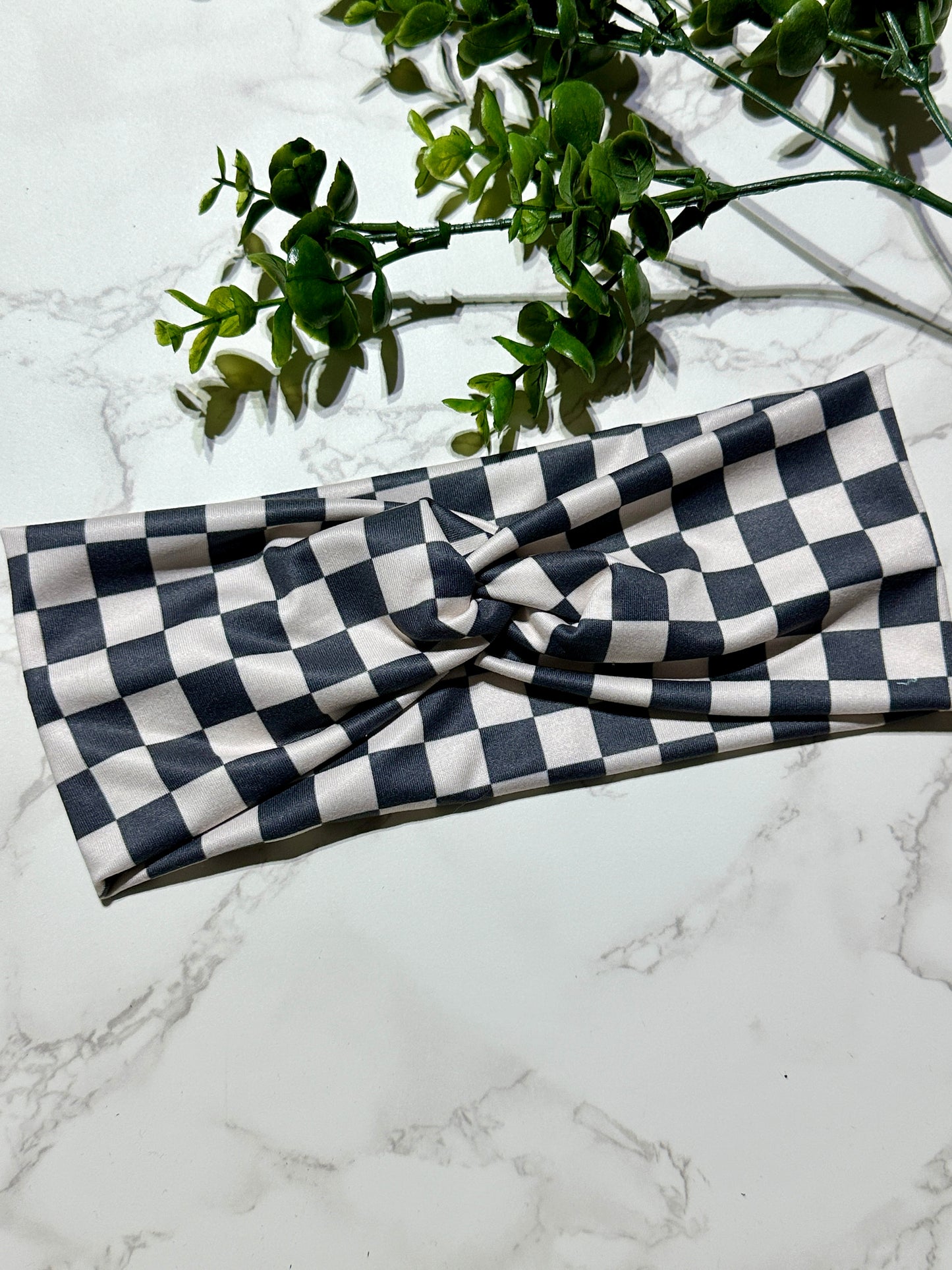 Grey/Off White Checkered Twist Headband