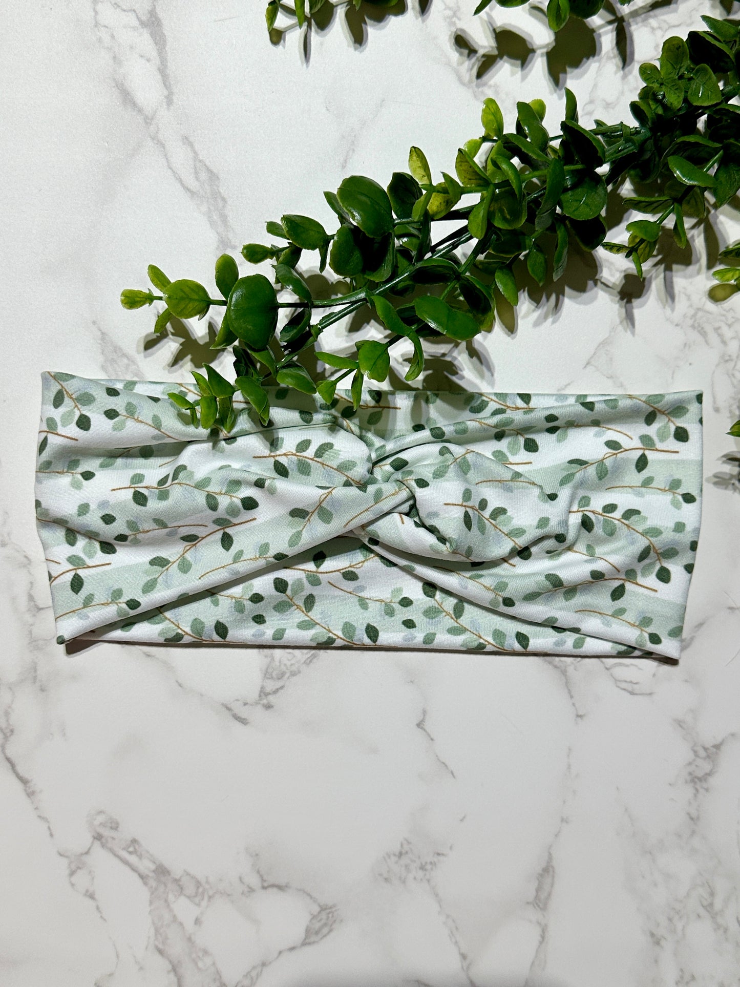 Sage Leaves/Stripes Twist Headband