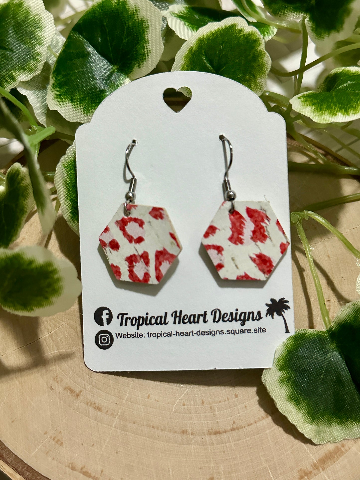 Small Hexagon Earrings - Red/White Leopard
