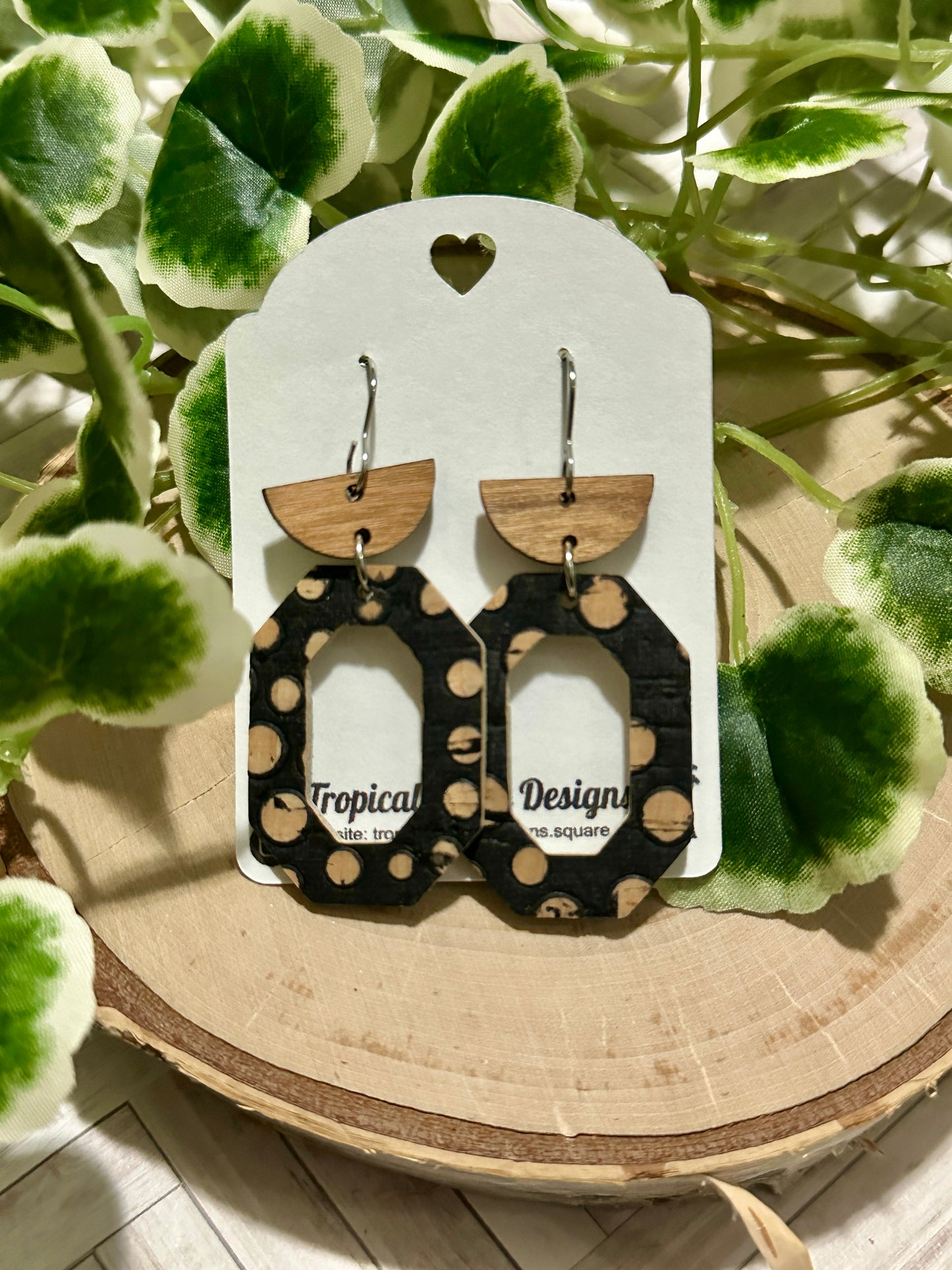 Long Hexagon/Connector Earrings - Brown Spots on Black