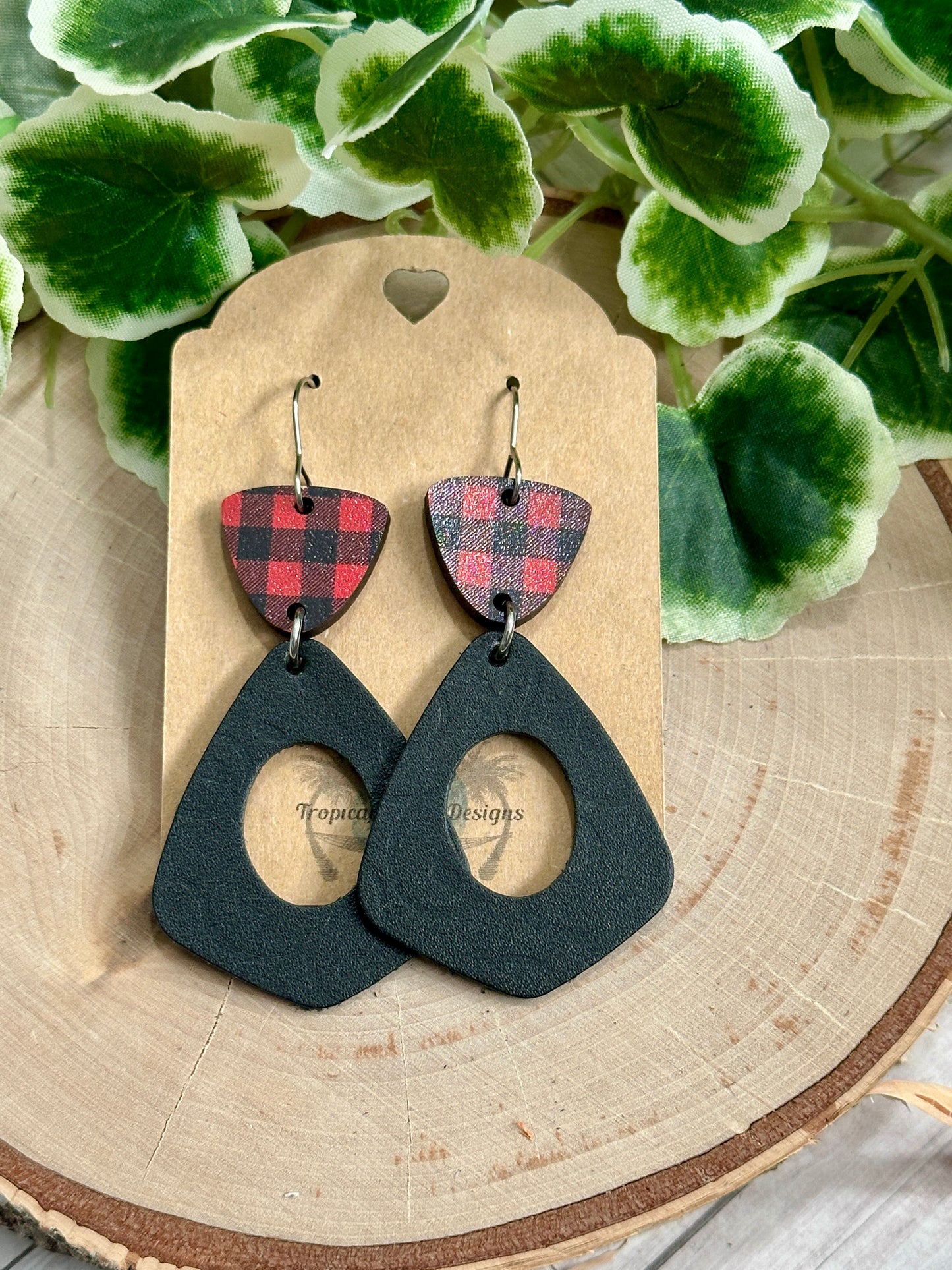 Black Open Teardrop Earrings - Buffalo Plaid Connector