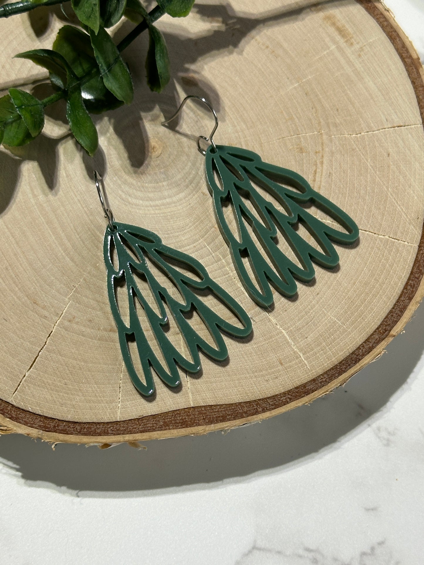 Green Hand Drawn Tree Earrings