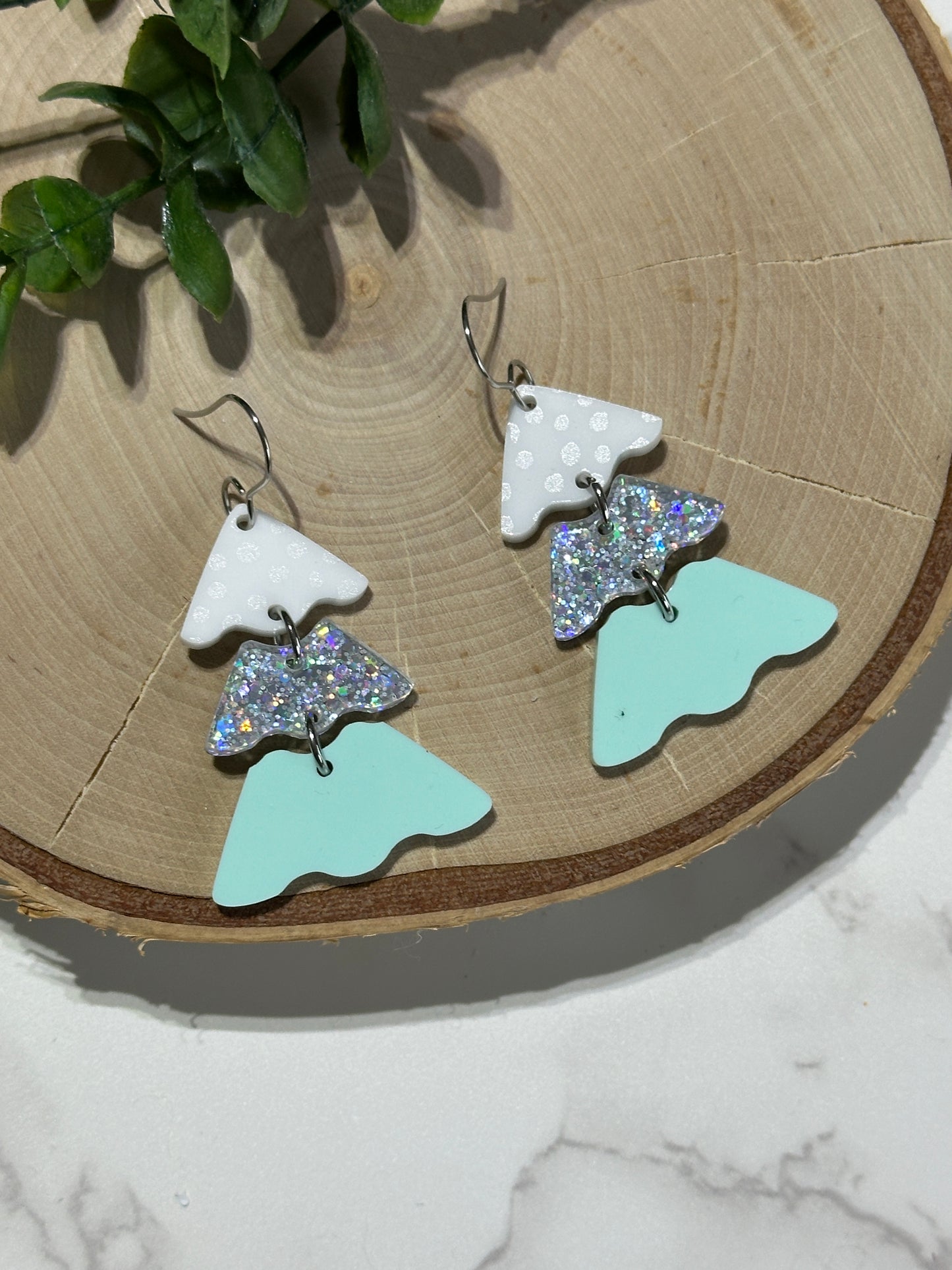 Mint, Silver, White Layered Tree Earrings
