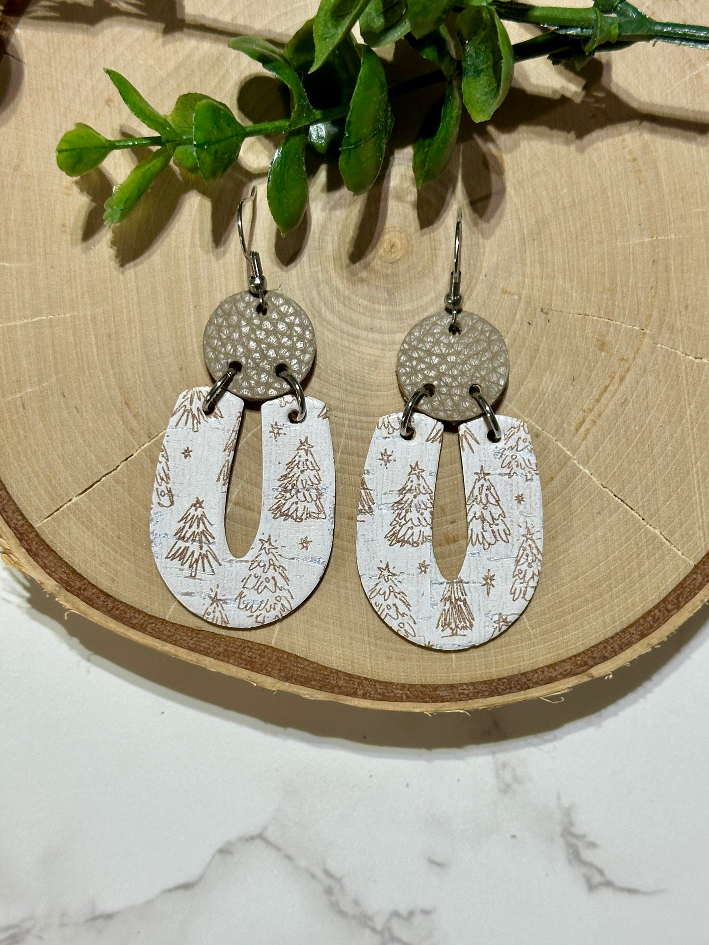 "U" Earrings - Boho Trees on White