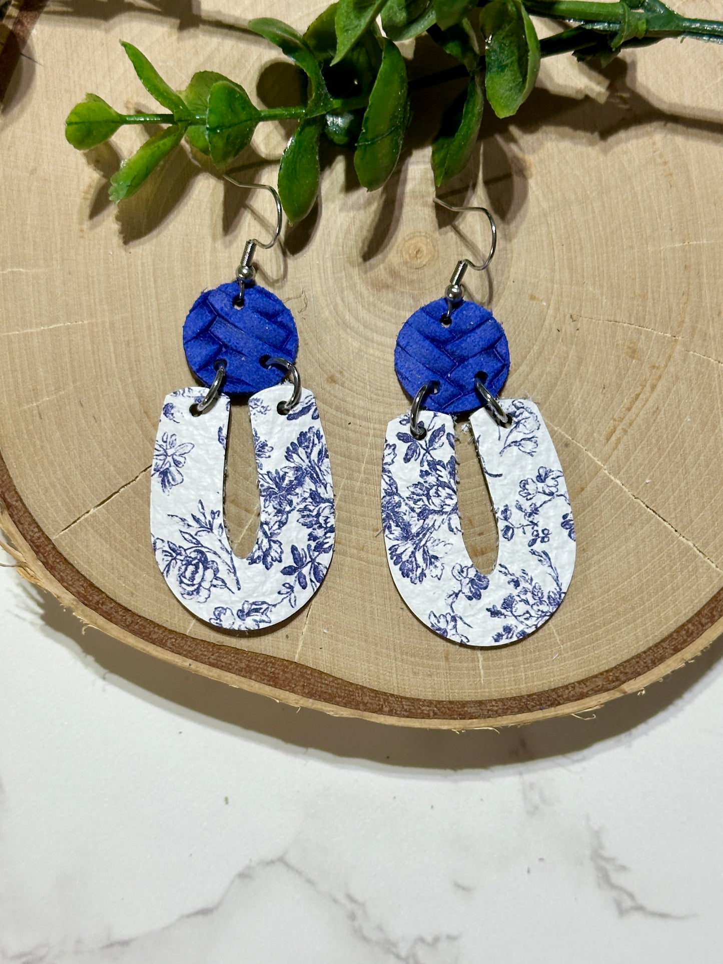 "U" Earrings - Blue Winter Floral