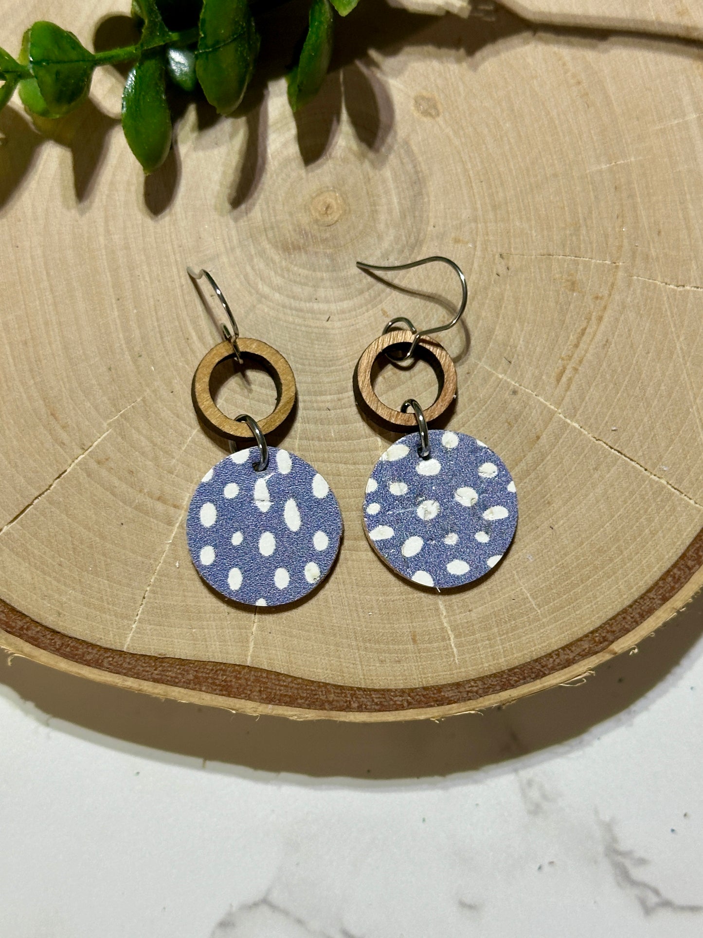 Small Circle/Connector Earrings - Blue Spots
