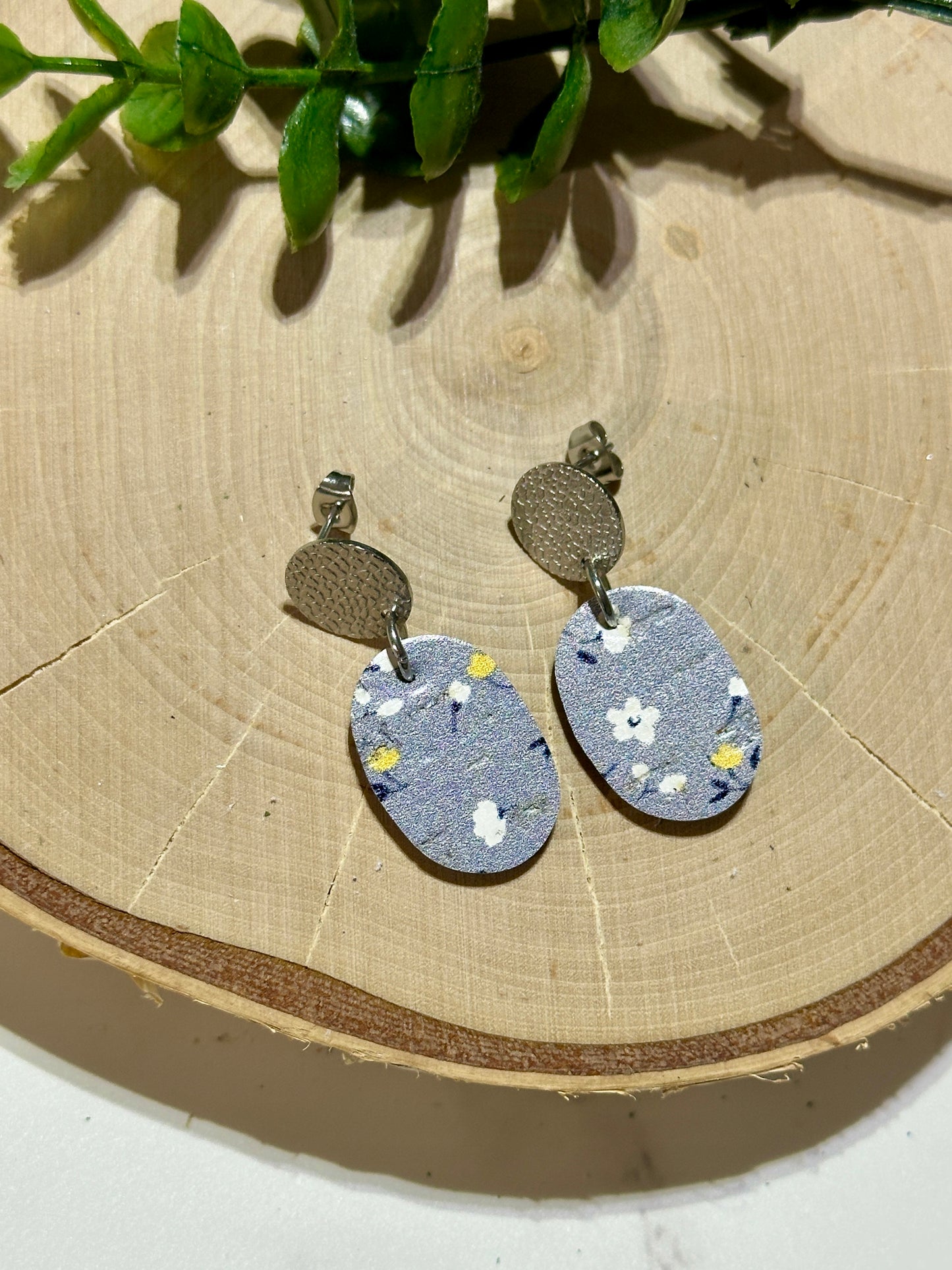 Small Oval/Connector Earrings - Floral on Blue
