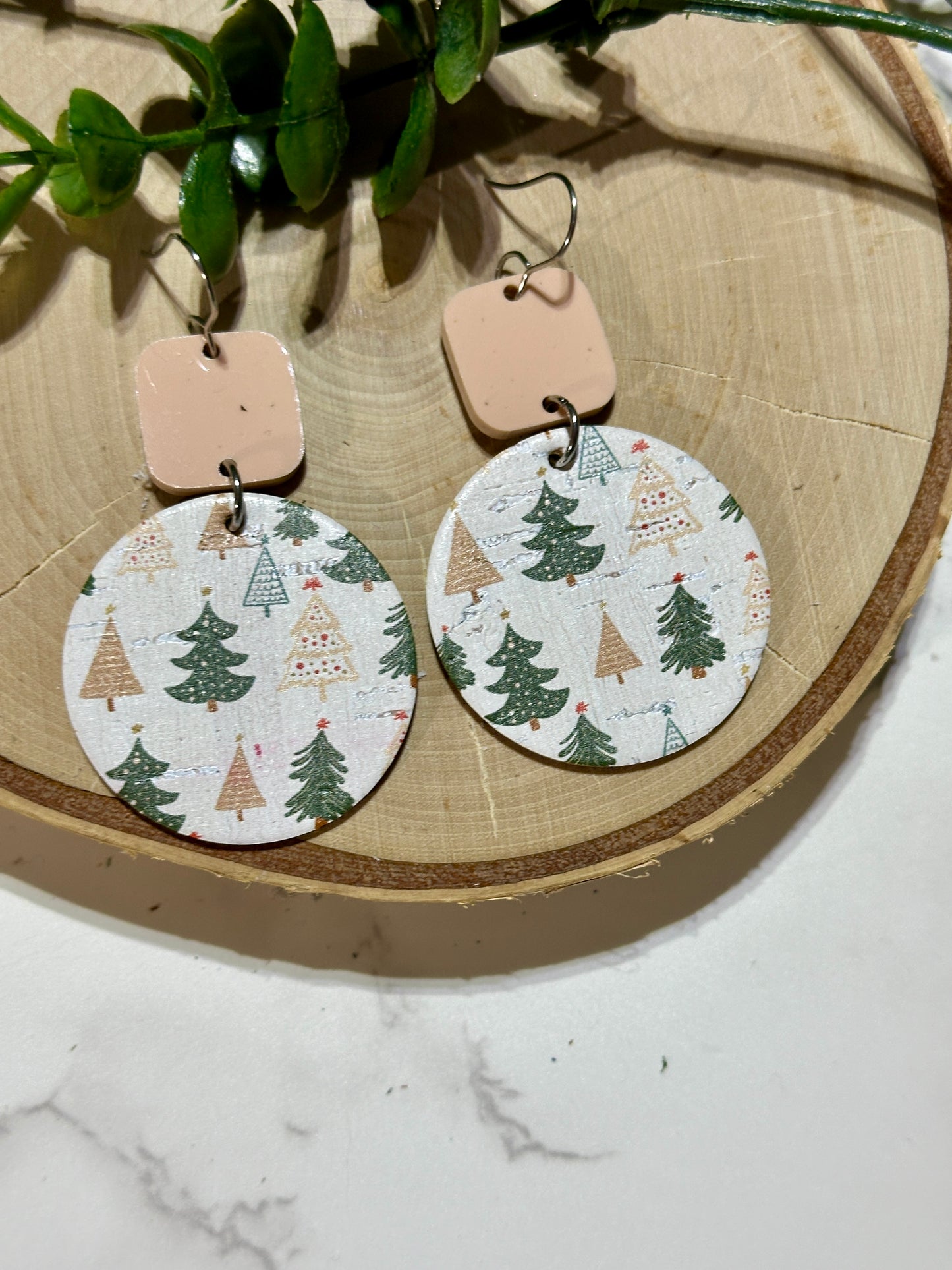 Circle/Connector Earrings - Green/Neutral Trees