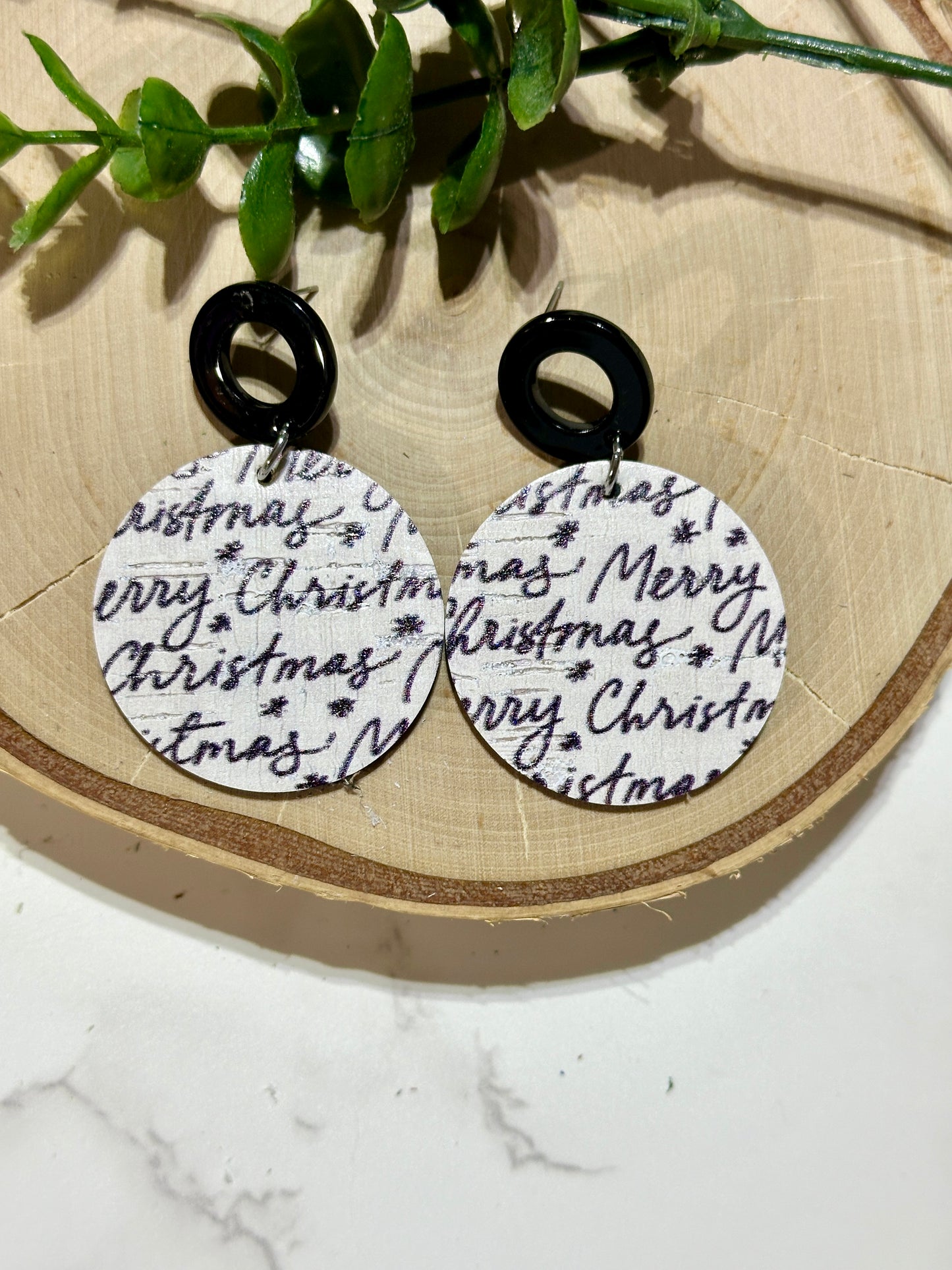 Circle/Connector Earrings - Black/White Merry Christmas