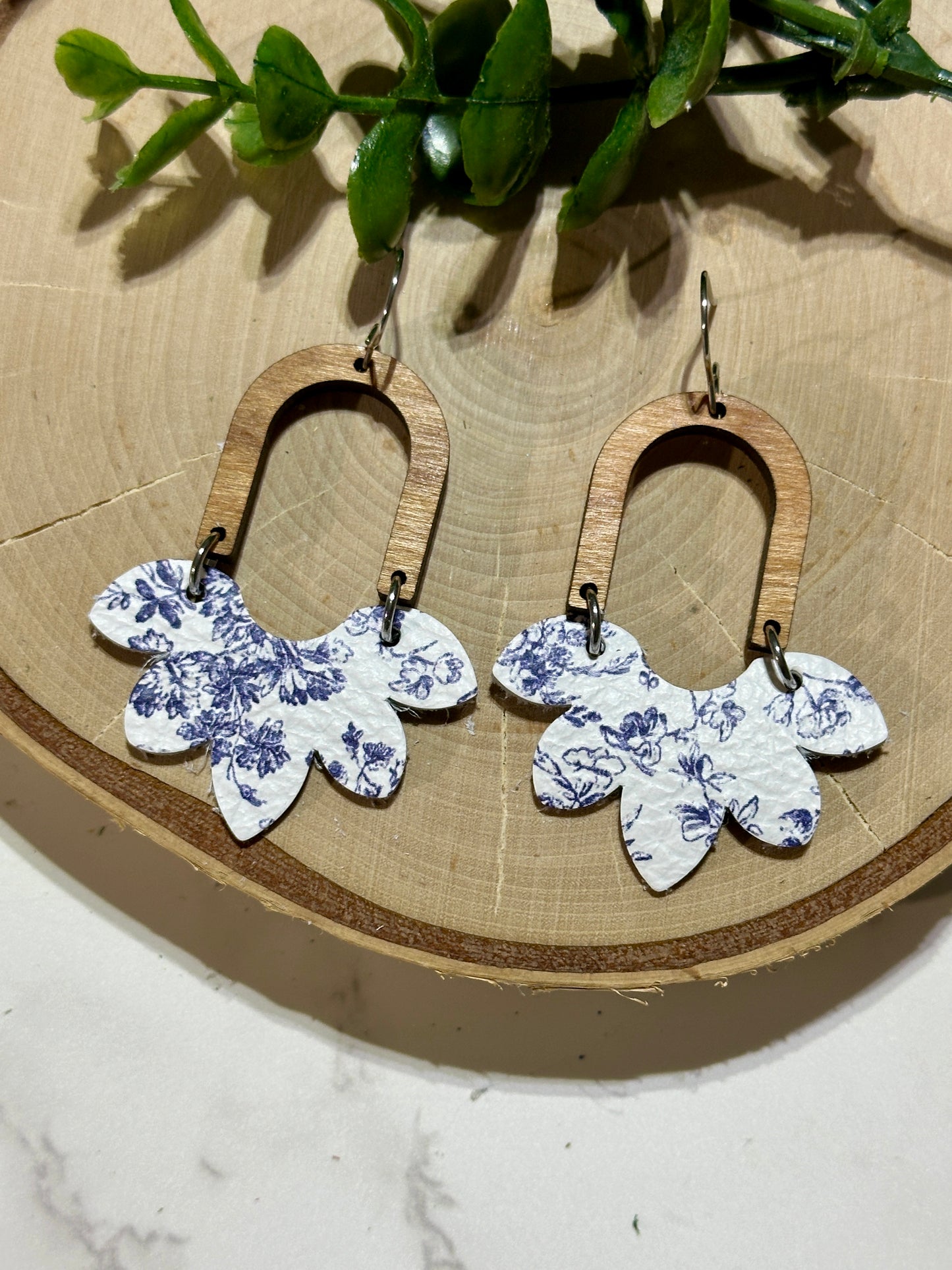 Half Flower/Arch Earrings - Blue Winter Floral