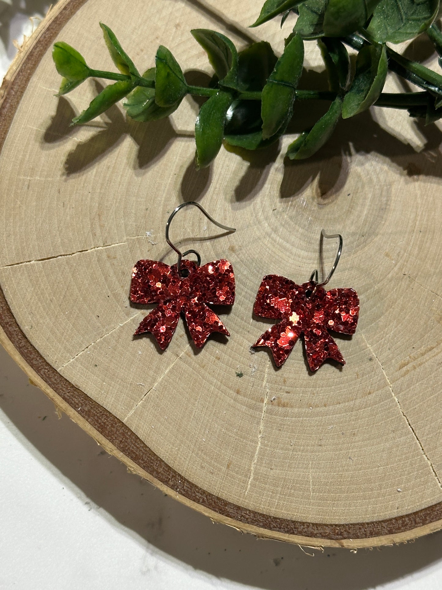 Mini Bow Earrings - Red Glitter