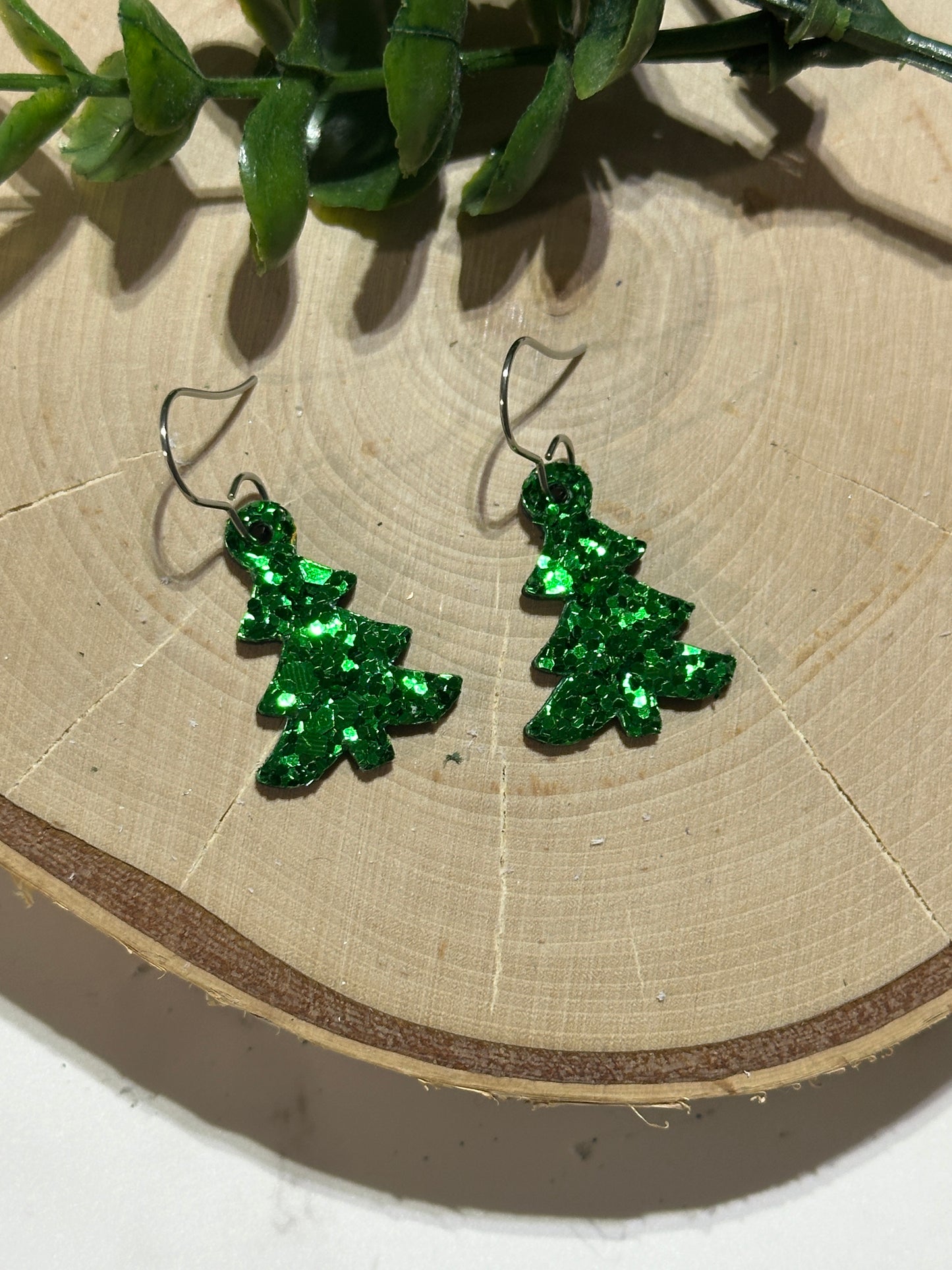 Mini Tree Earrings - Green Glitter