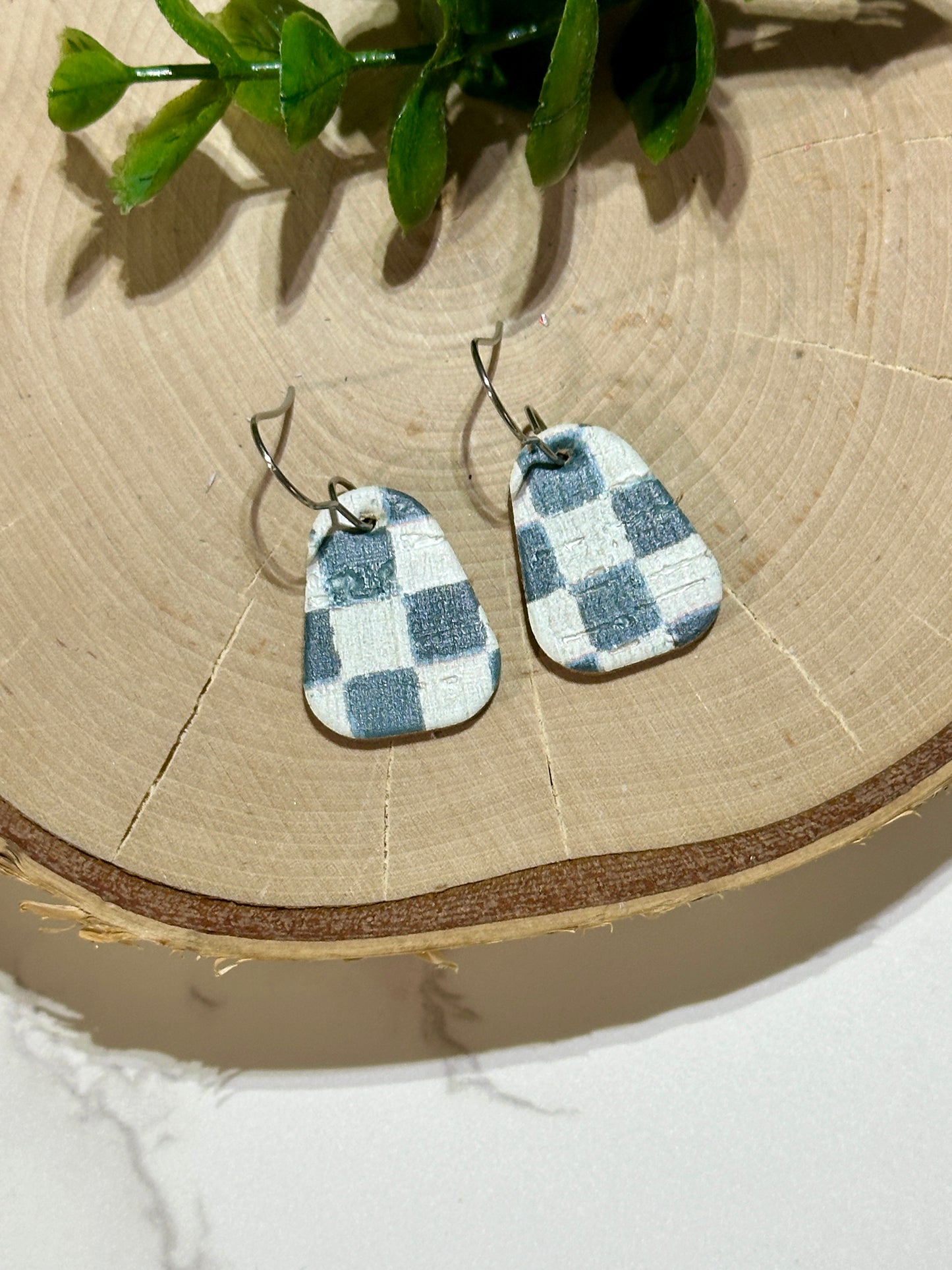 Mini Rounded Triangle Earrings - Teal Checkered