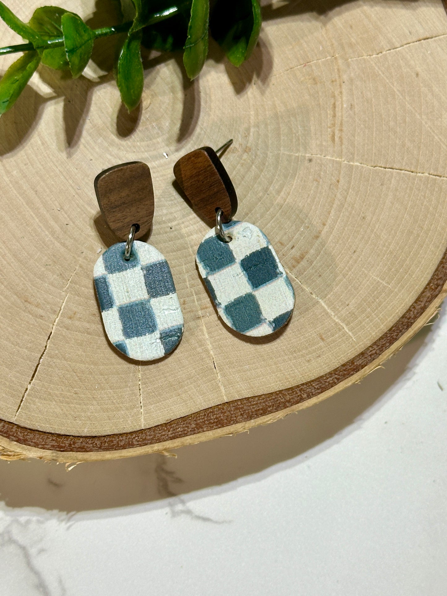 Mini Oval/Connector Earrings - Teal Checkered