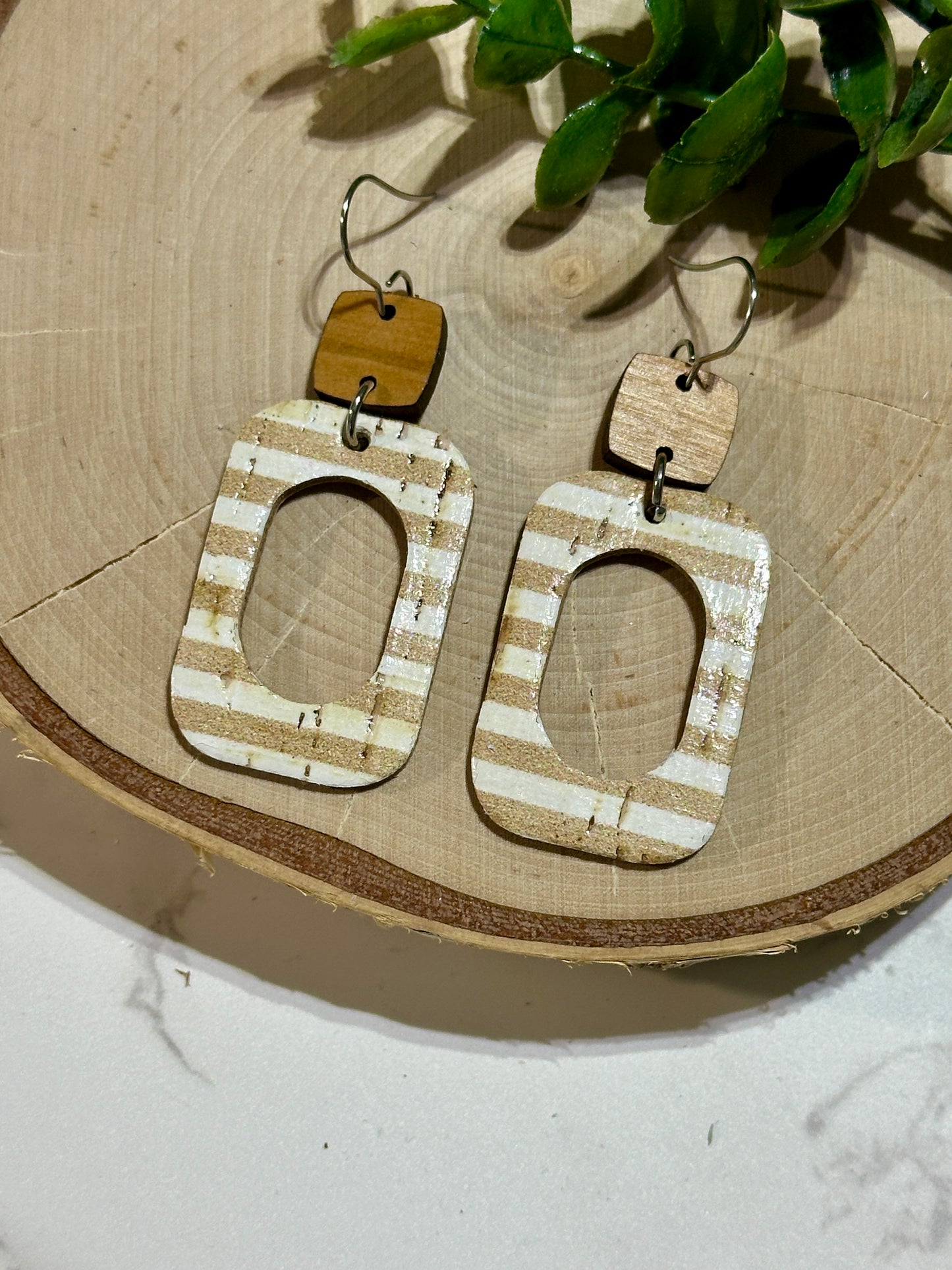 Open Rounded Rectangle Earrings - Neutral Stripes