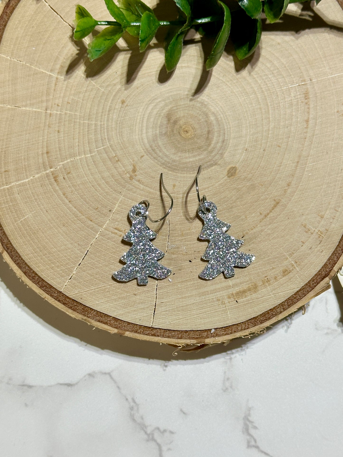 Mini Tree Earrings - Silver Glitter