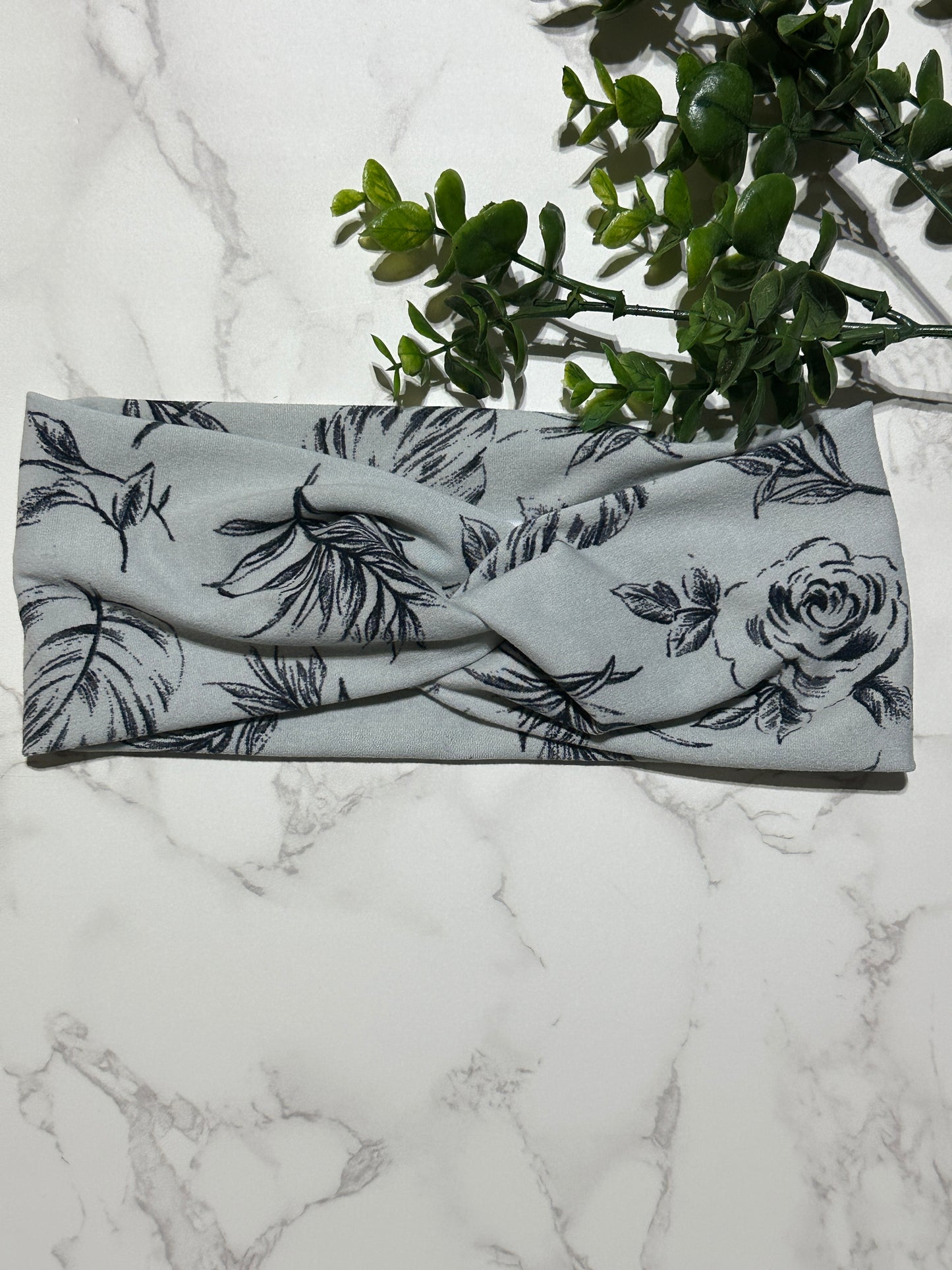 Black Roses on Grey Twist Headband