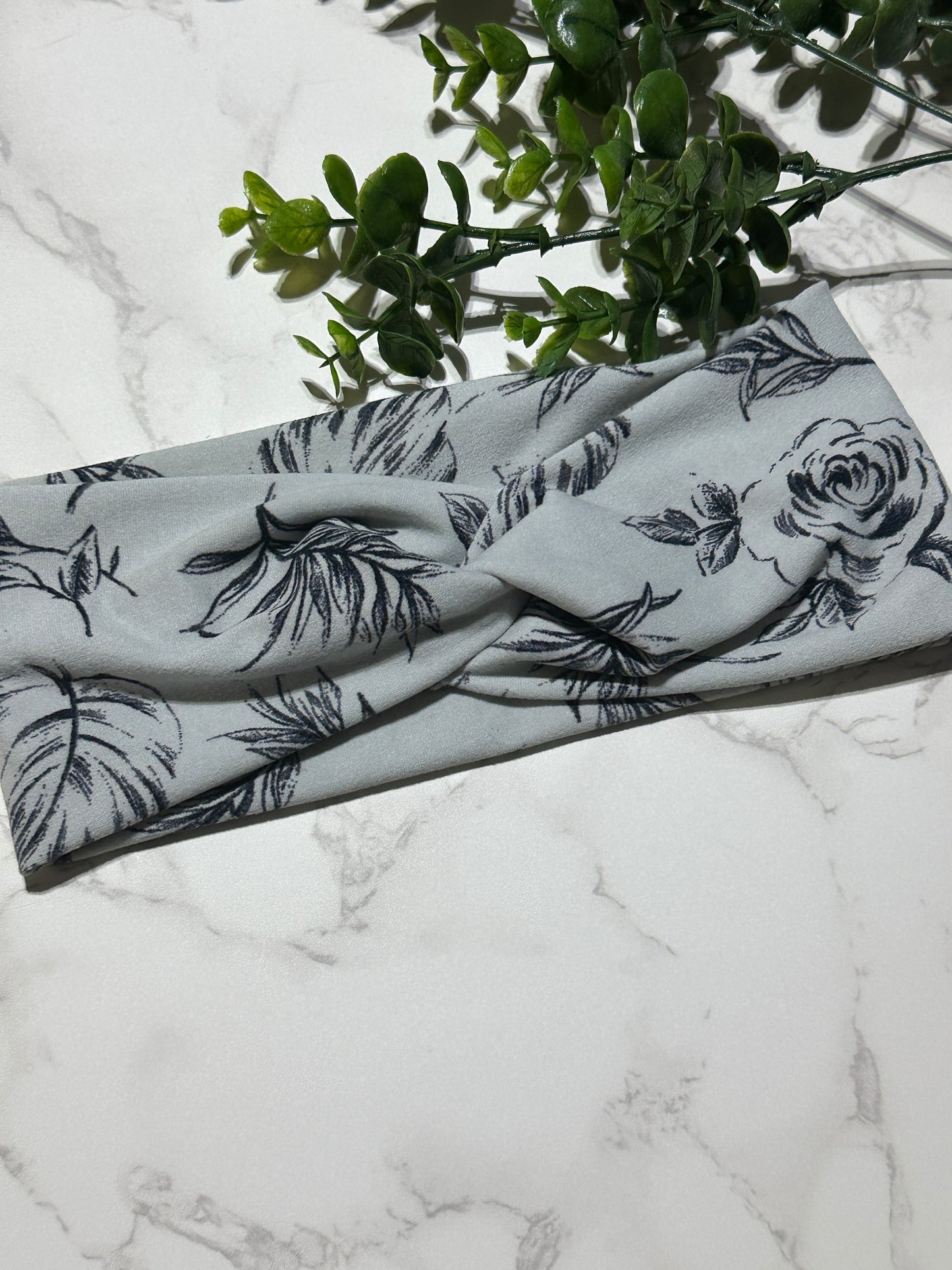 Black Roses on Grey Twist Headband