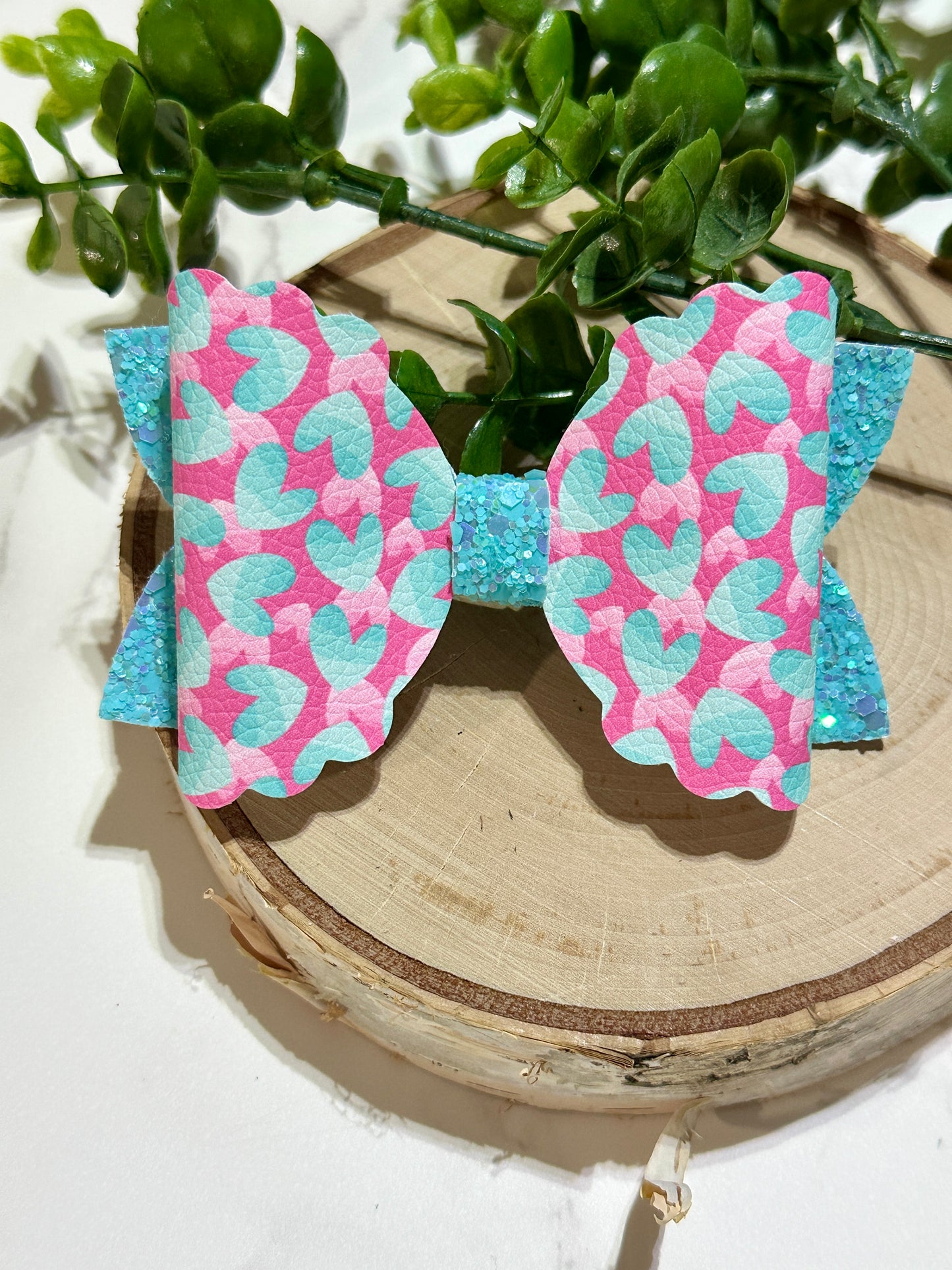 Blue Hearts on Pink/Blue Glitter Hair Bow