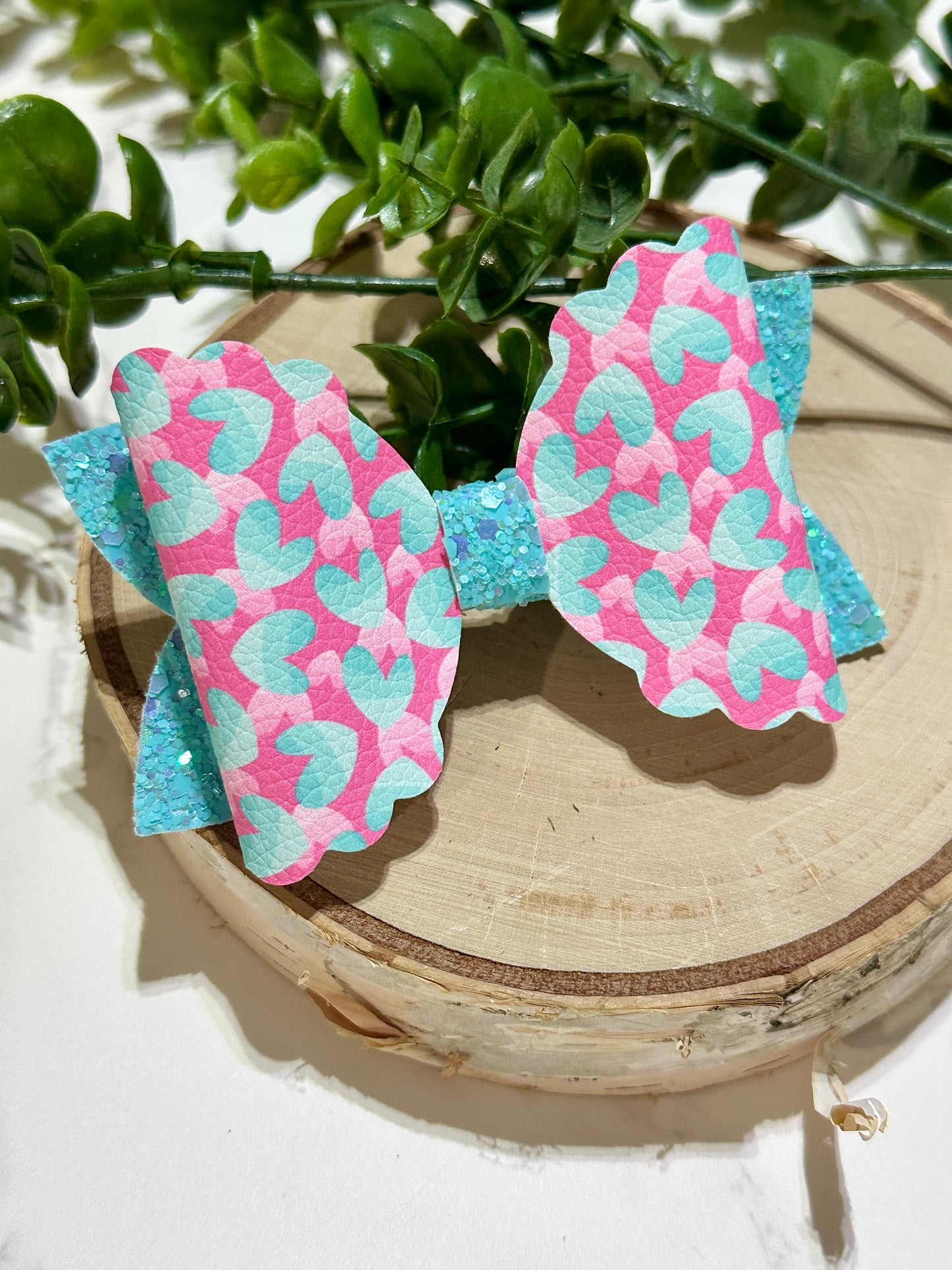 Blue Hearts on Pink/Blue Glitter Hair Bow