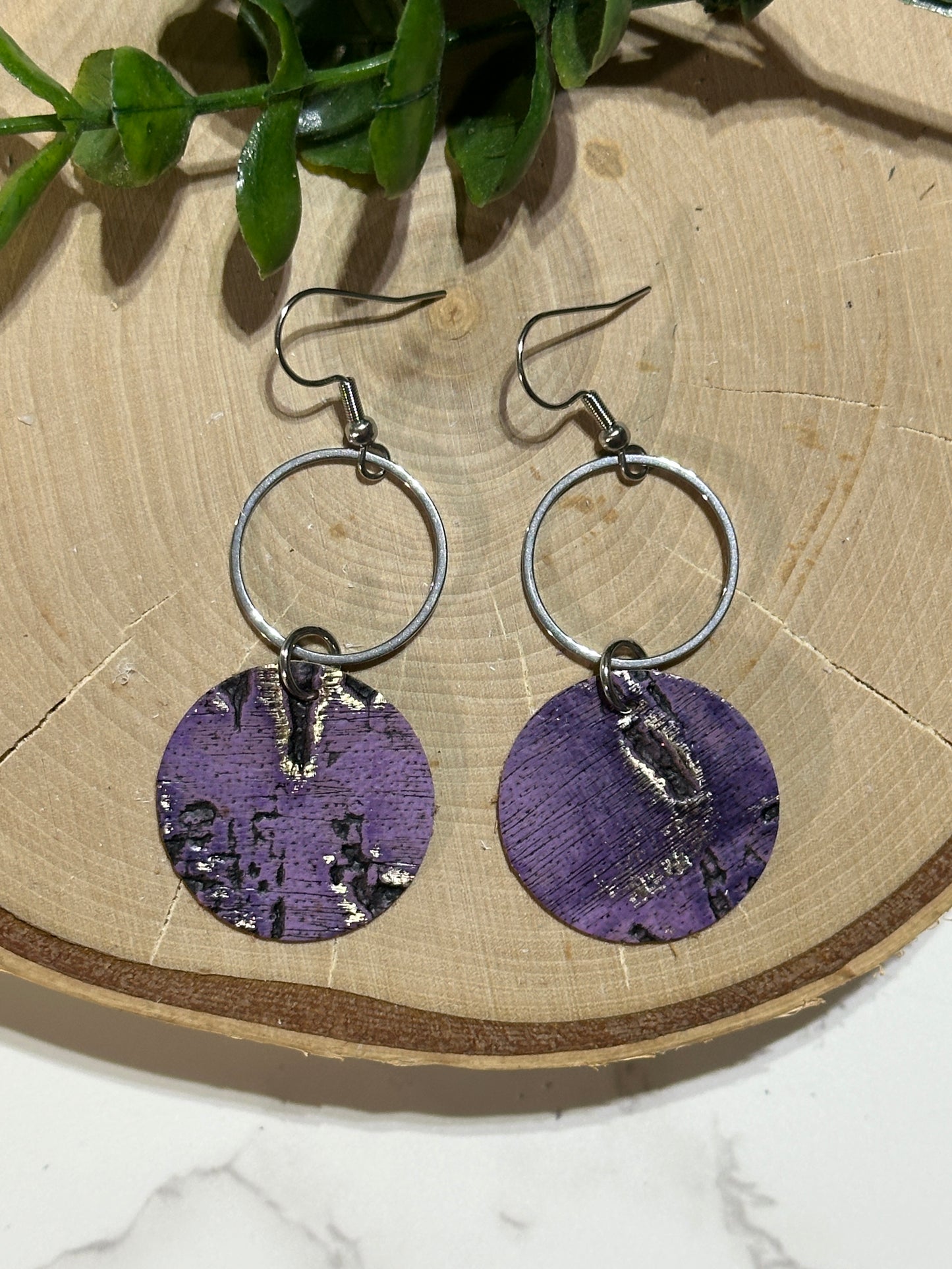 Circle/Circle Connector Earrings - Purple Cork