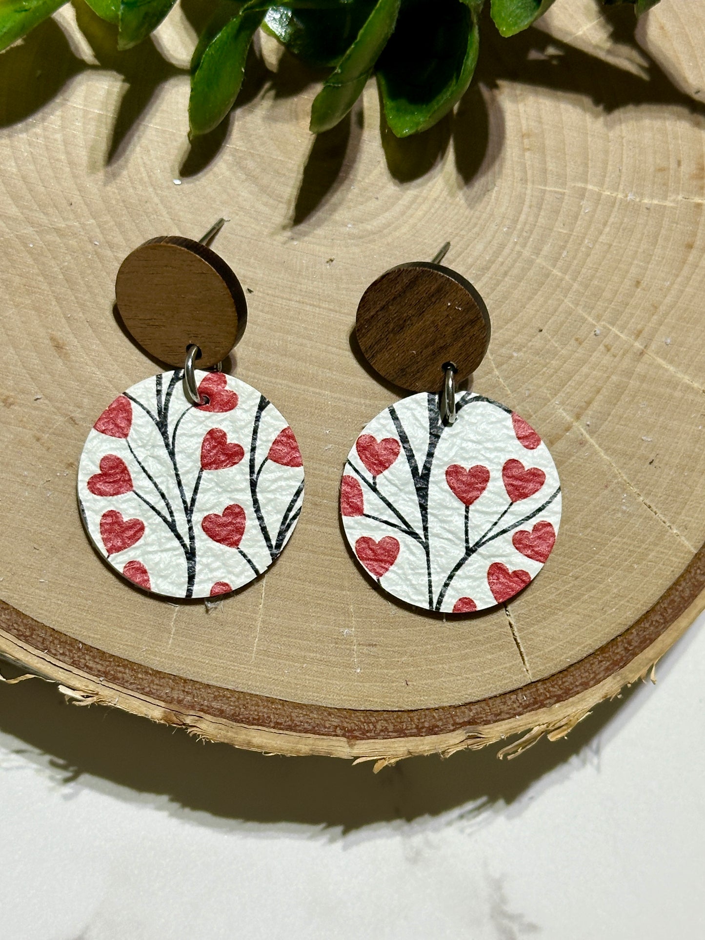 Circle/Connector Earrings - Red Hearts on Vines