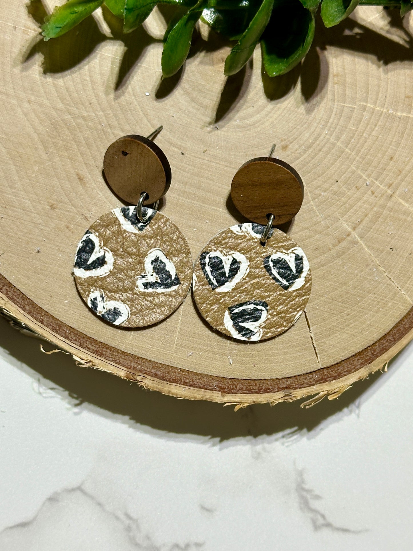 Circle/Connector Earrings - Black Hearts on Brown