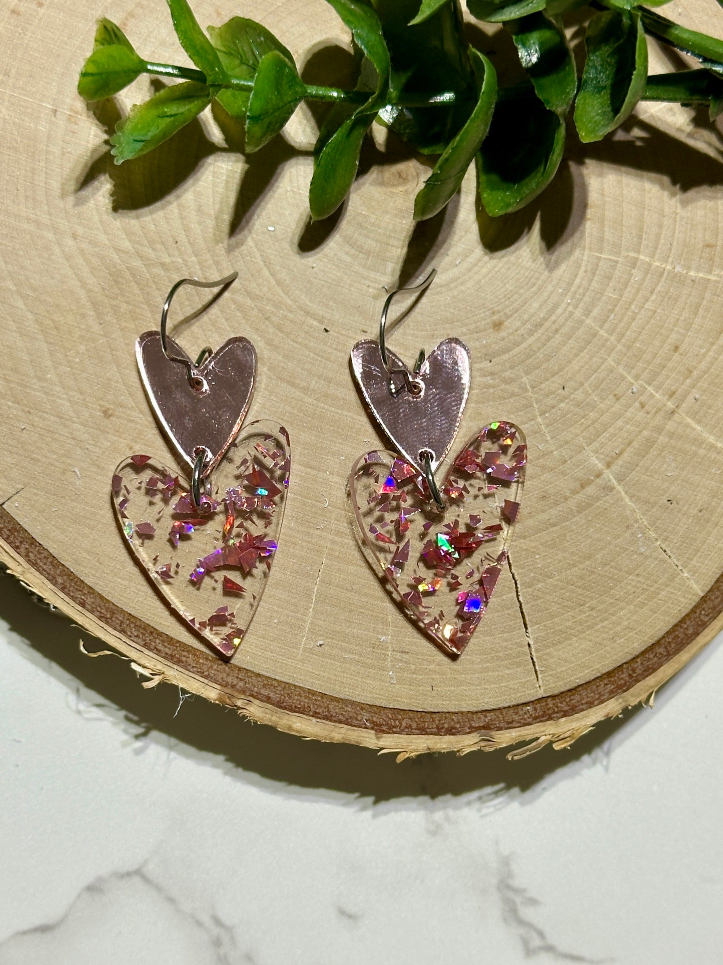 Double Acrylic Hearts Earrings - Mirrored Pink