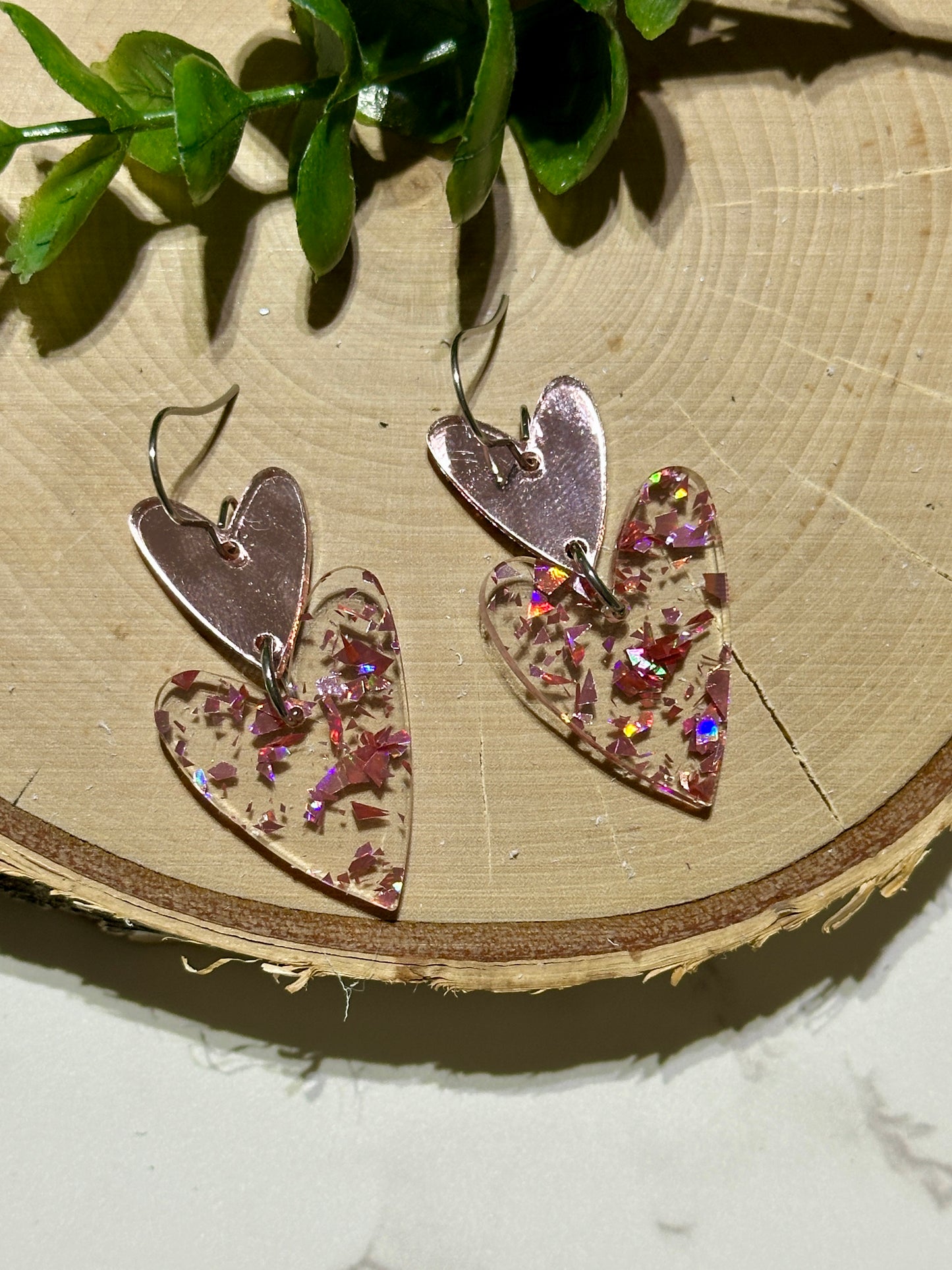 Double Acrylic Hearts Earrings - Mirrored Pink
