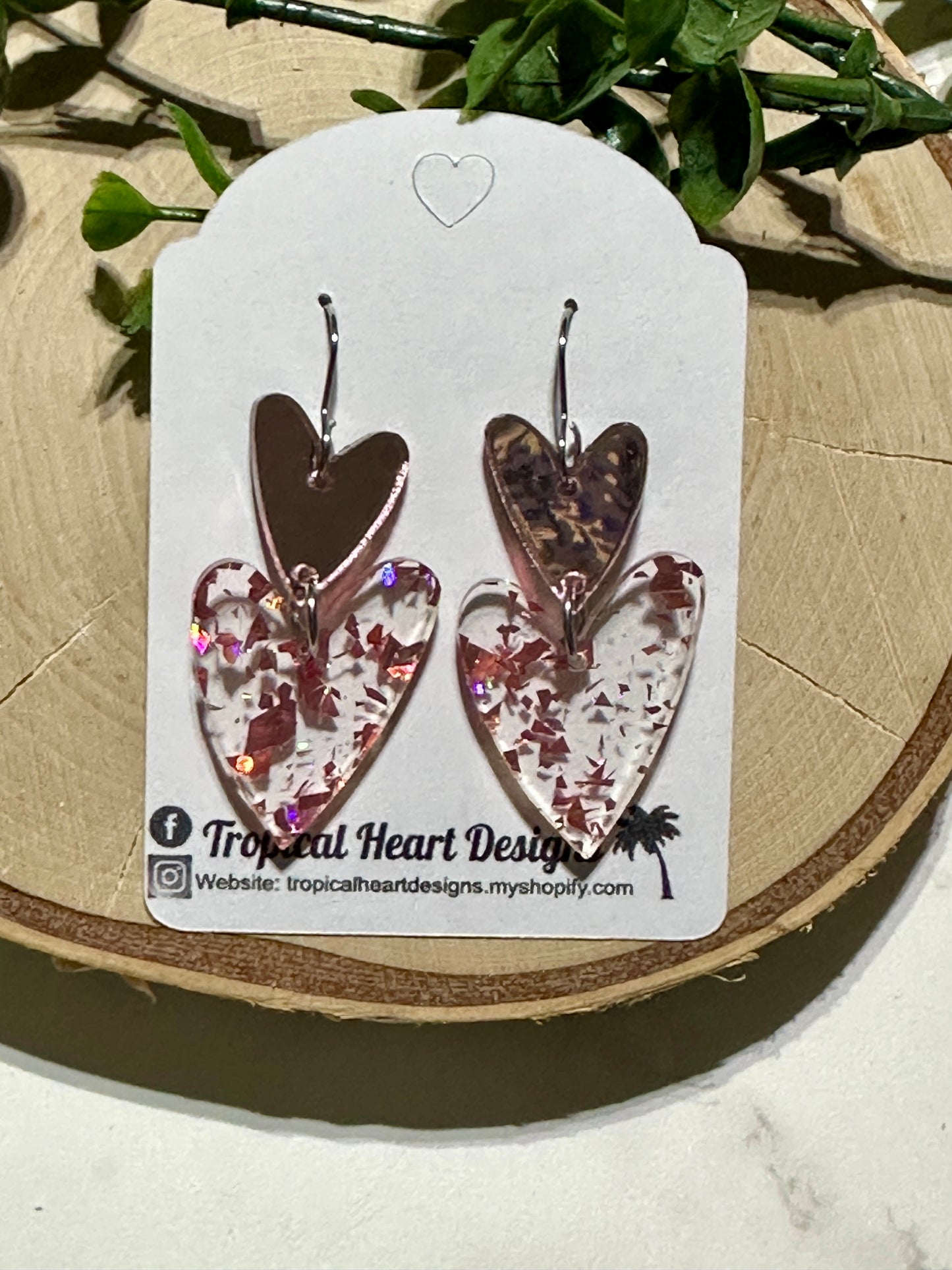 Double Acrylic Hearts Earrings - Mirrored Pink