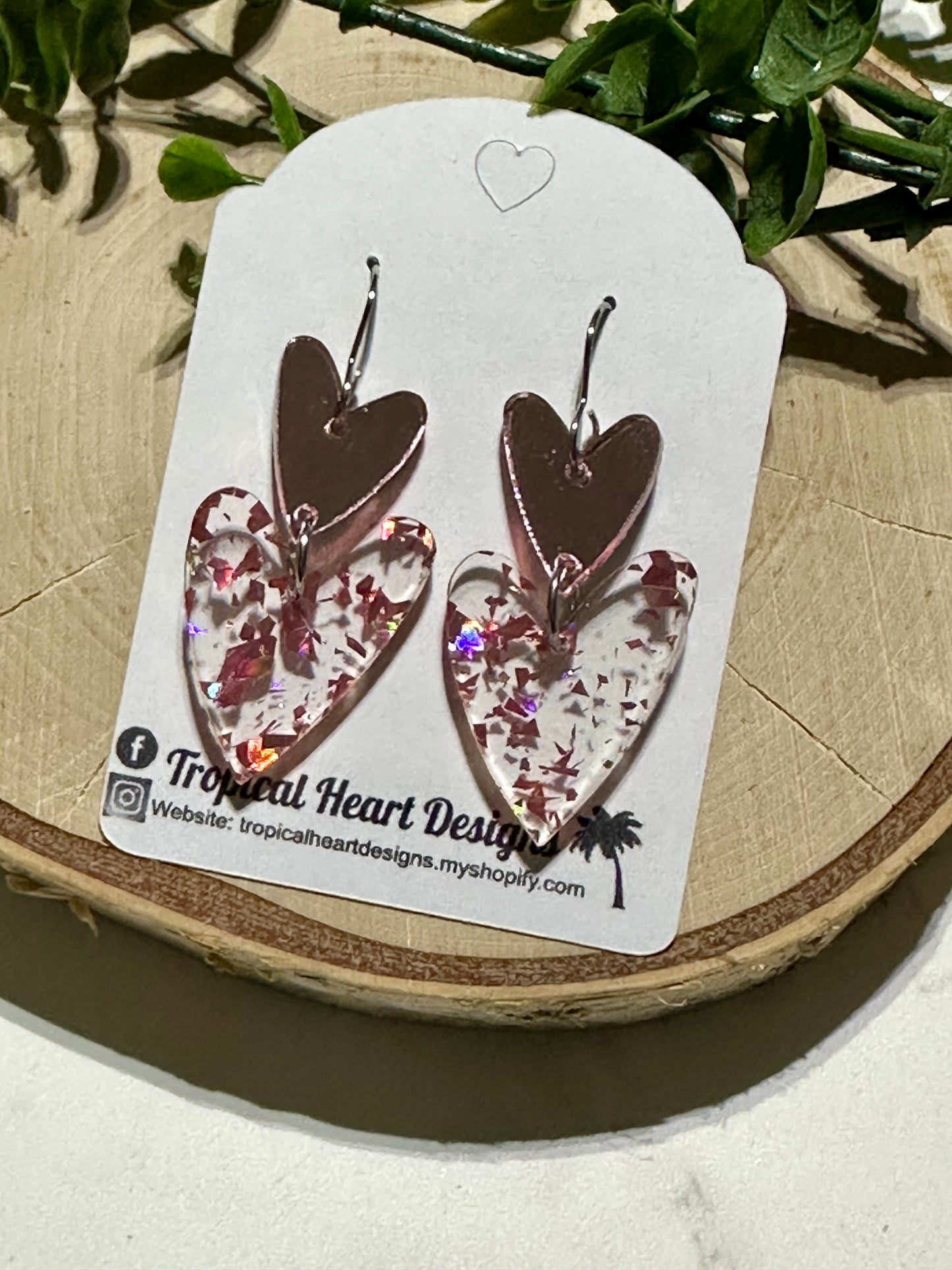 Double Acrylic Hearts Earrings - Mirrored Pink