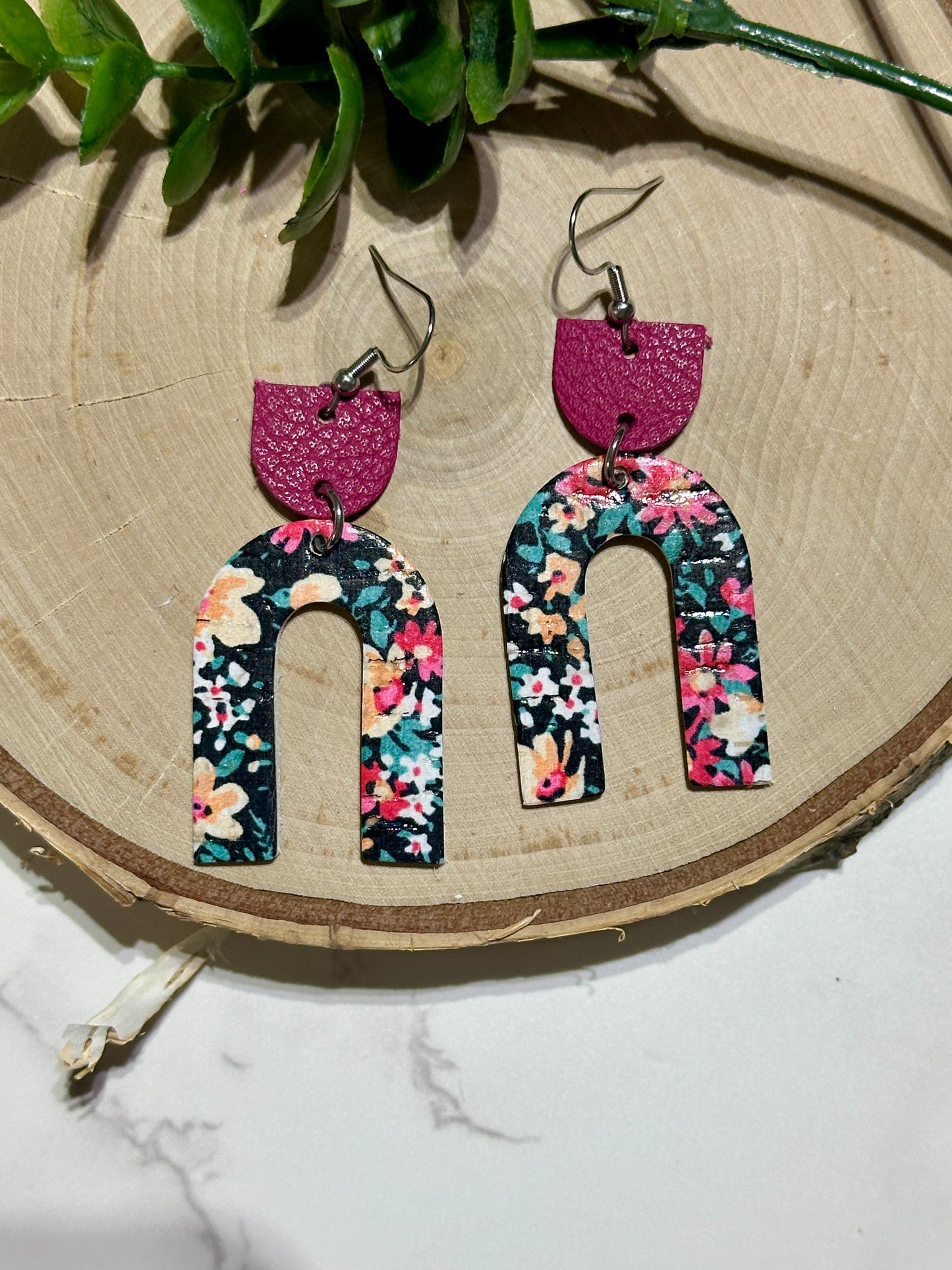 Open Arch Earrings - Bright Pink Floral