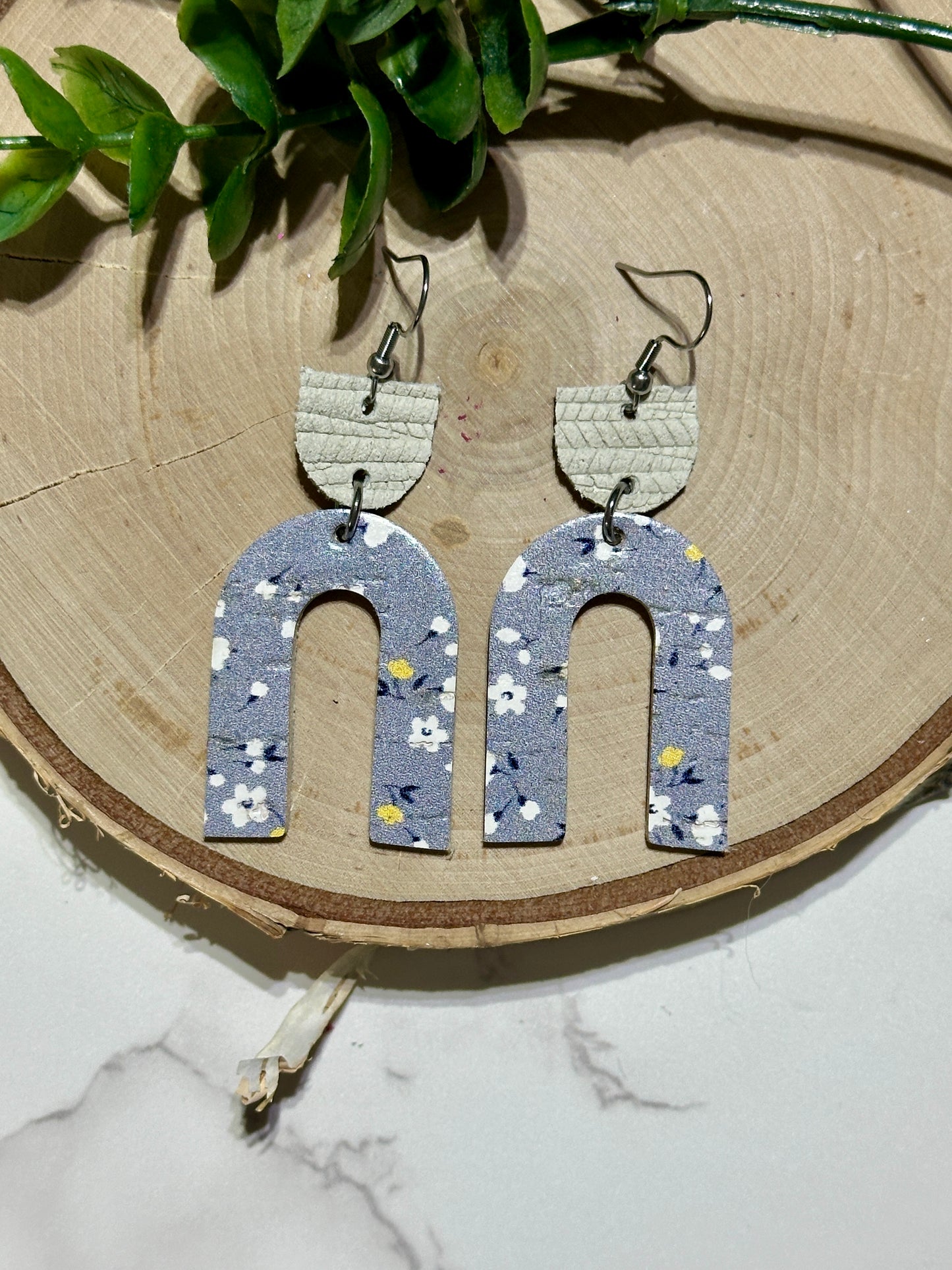 Open Arch Earrings - Floral on Gray/Blue