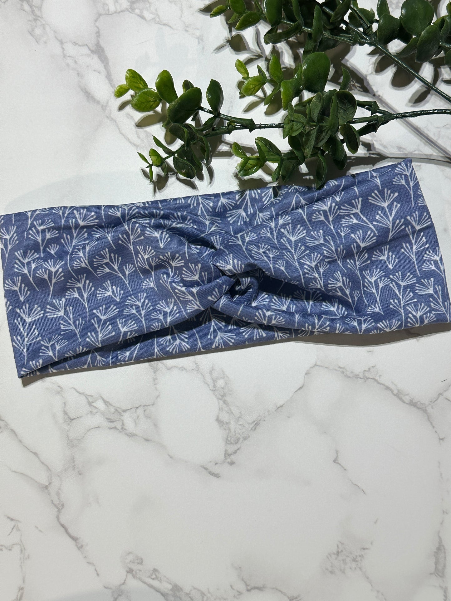 White Foliage on Periwinkle/Blue Twist Headband