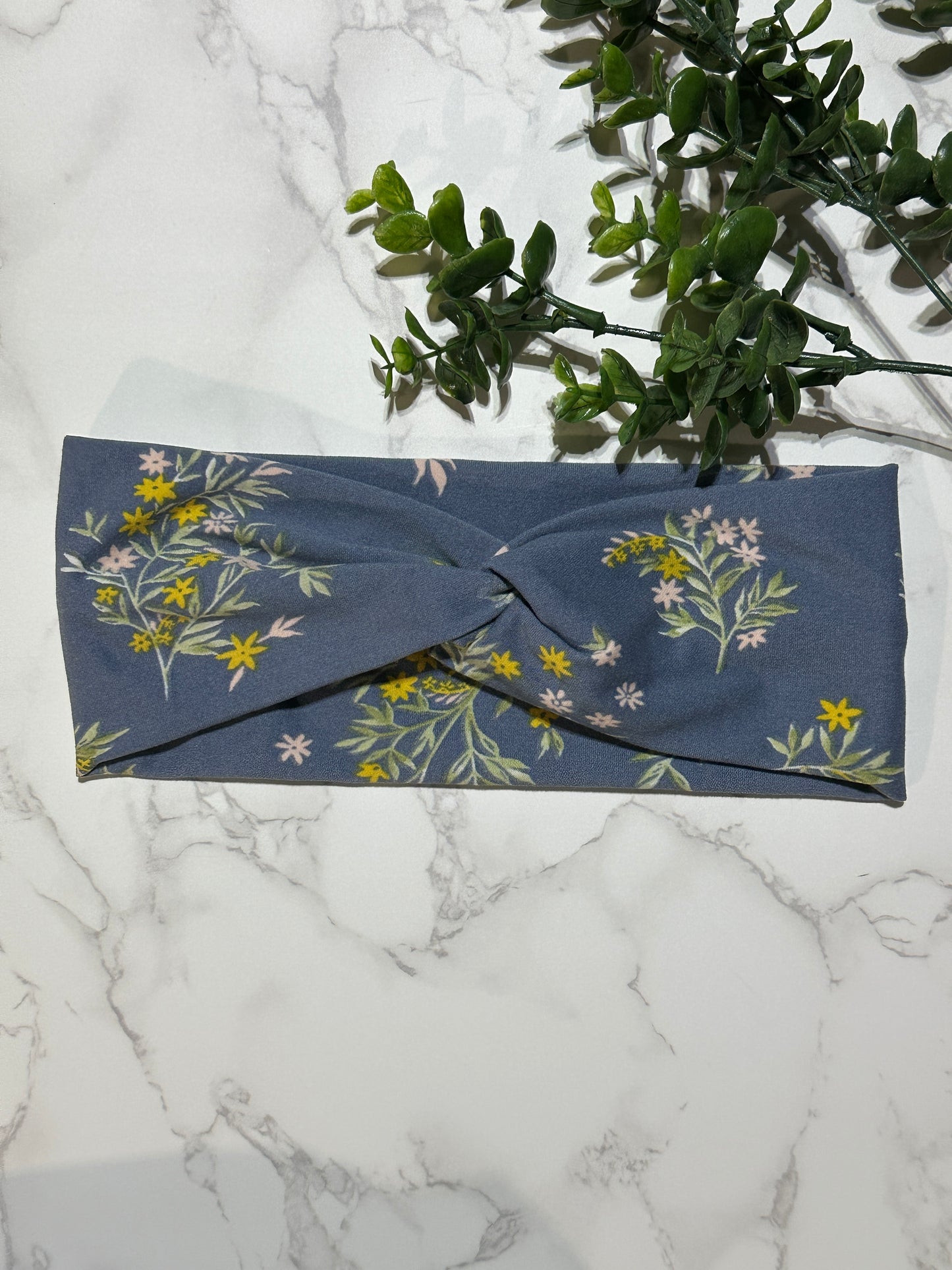Elegant Flowers on Dusty Blue Twist Headband