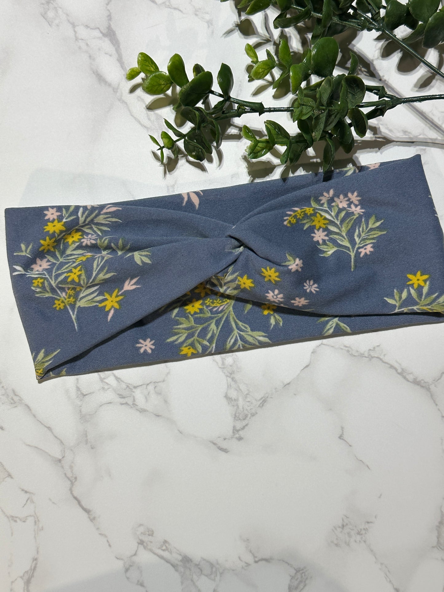 Elegant Flowers on Dusty Blue Twist Headband