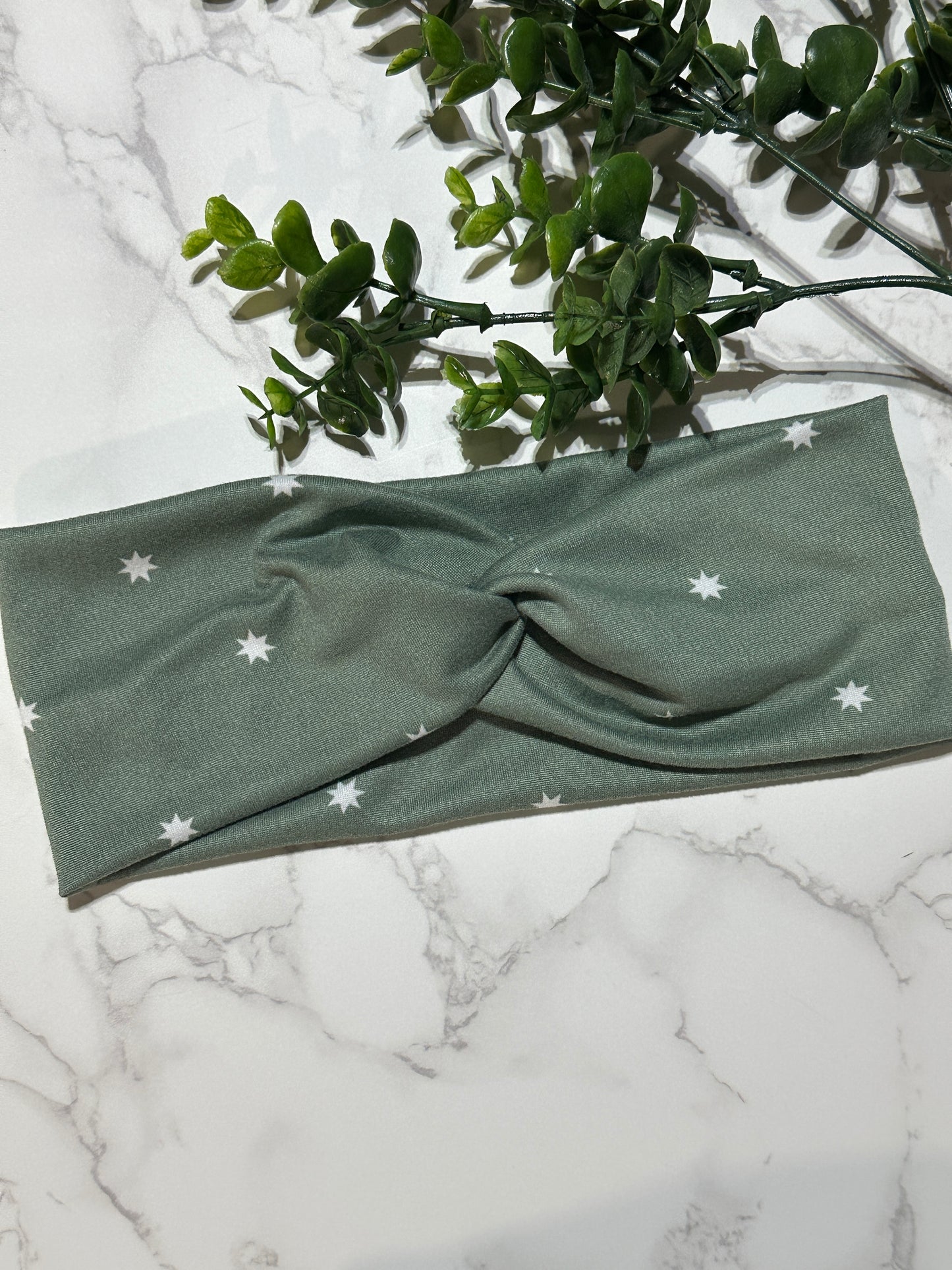 Small Stars on Dark Sage Twist Headband