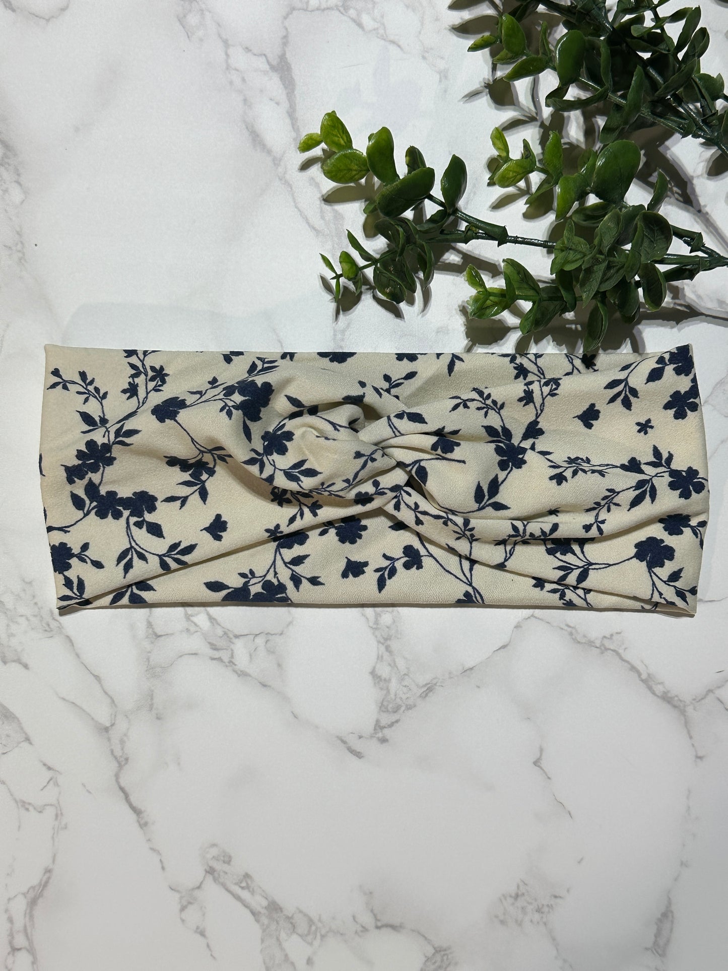 Blue Flowers on Ivory Twist Headband