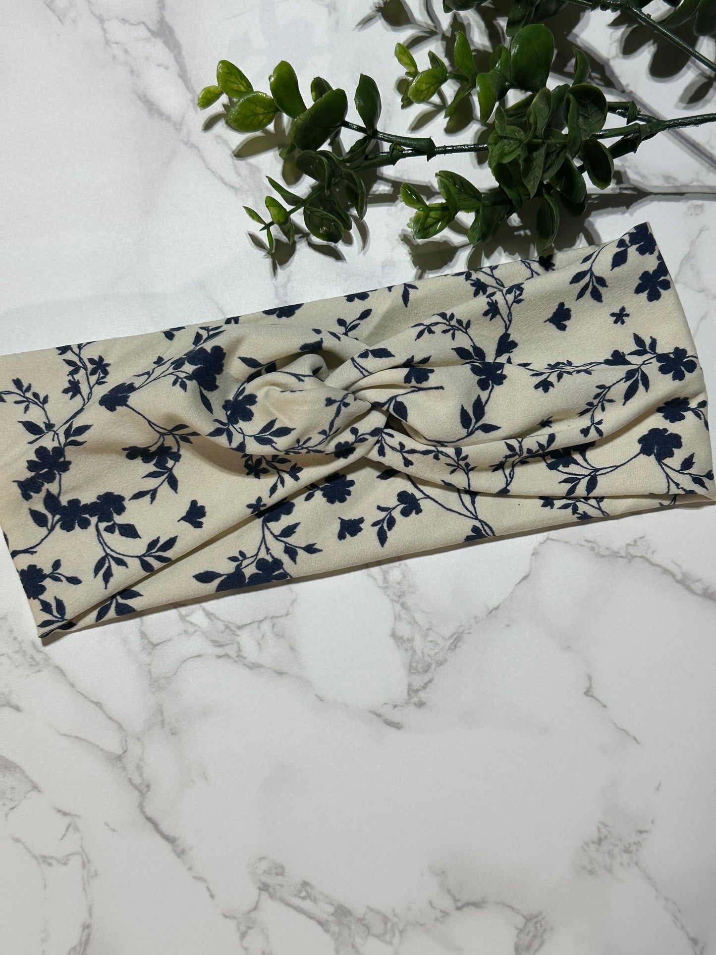 Blue Flowers on Ivory Twist Headband