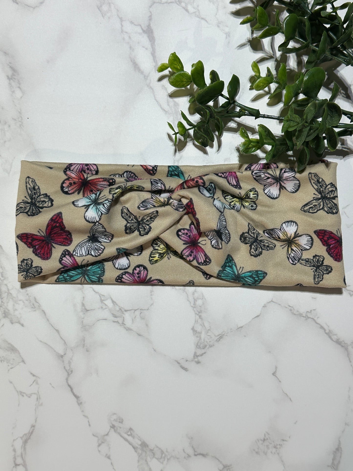 Butterflies on light taupe twist headband