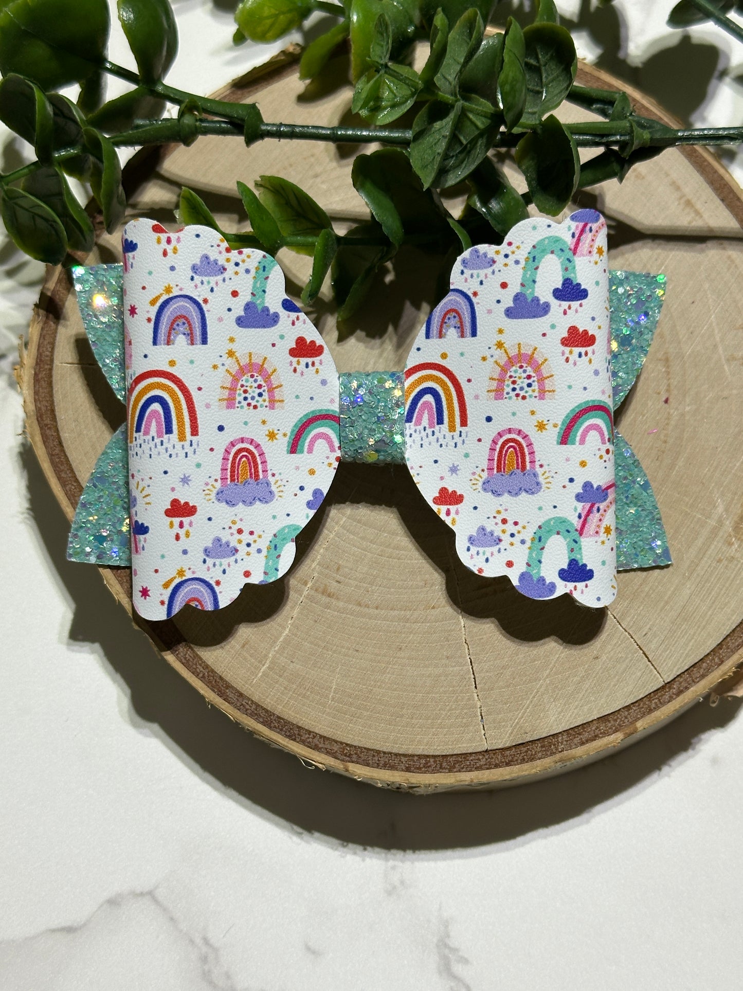 Rainbows on Blue Glitter Hairbow