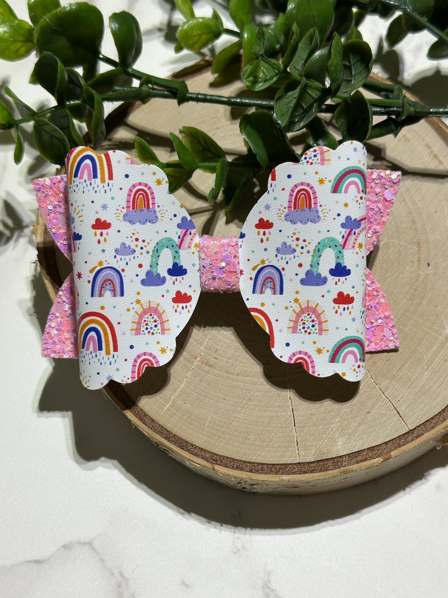 Rainbows on Pink Glitter Hairbow