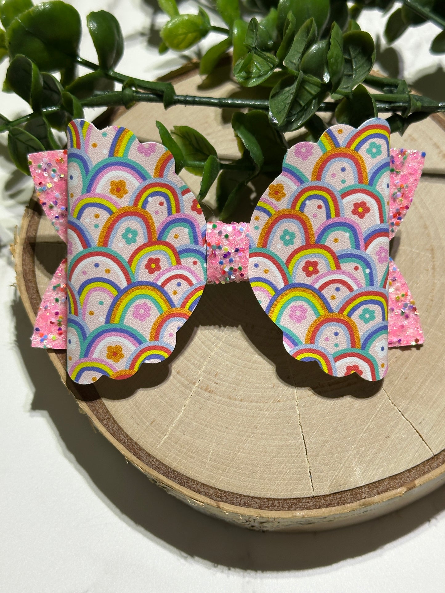 Rainbows and Flowers on Pink Hairbow