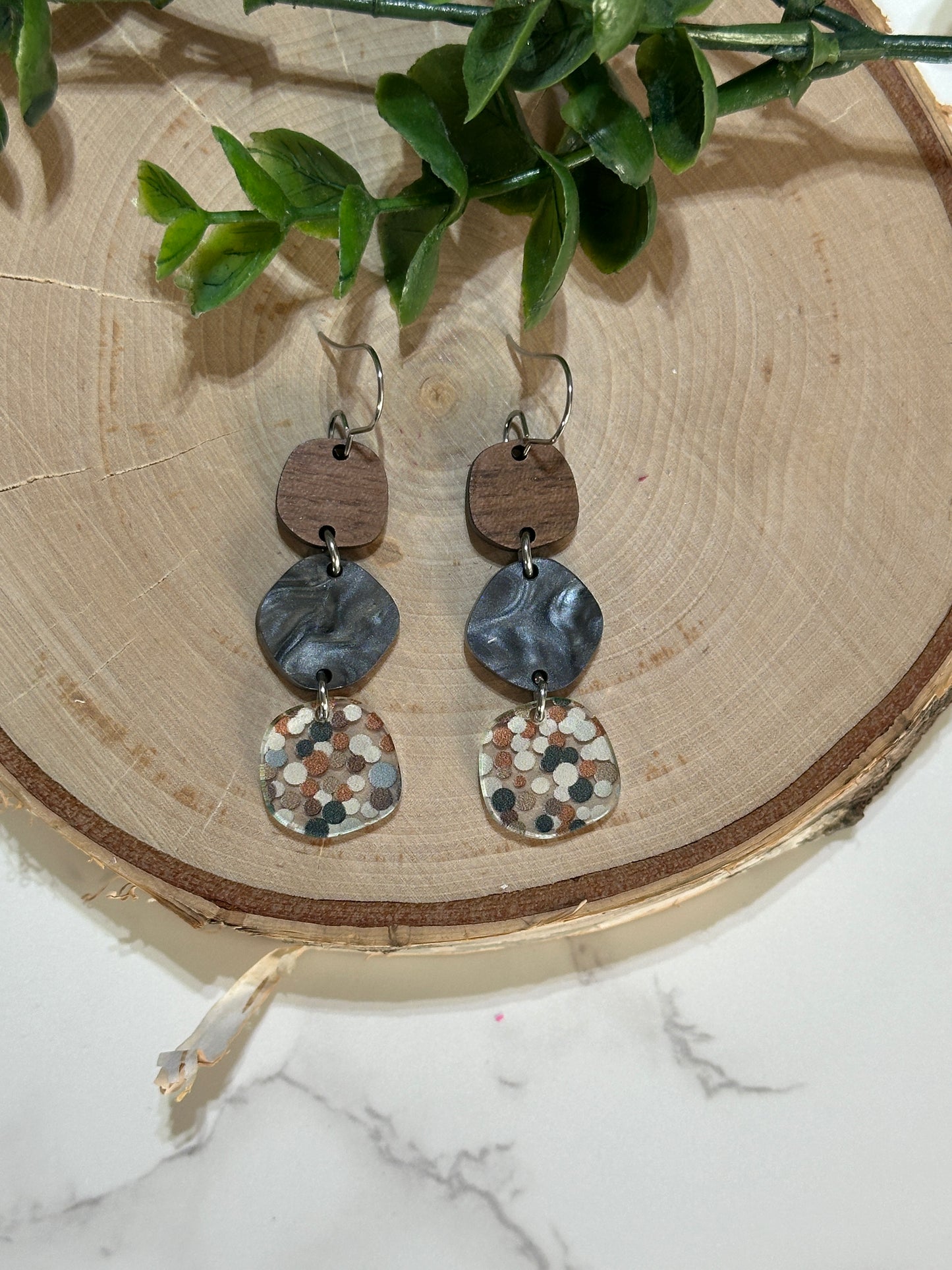 Triple Layer Neutral Dot/Wood Earrings