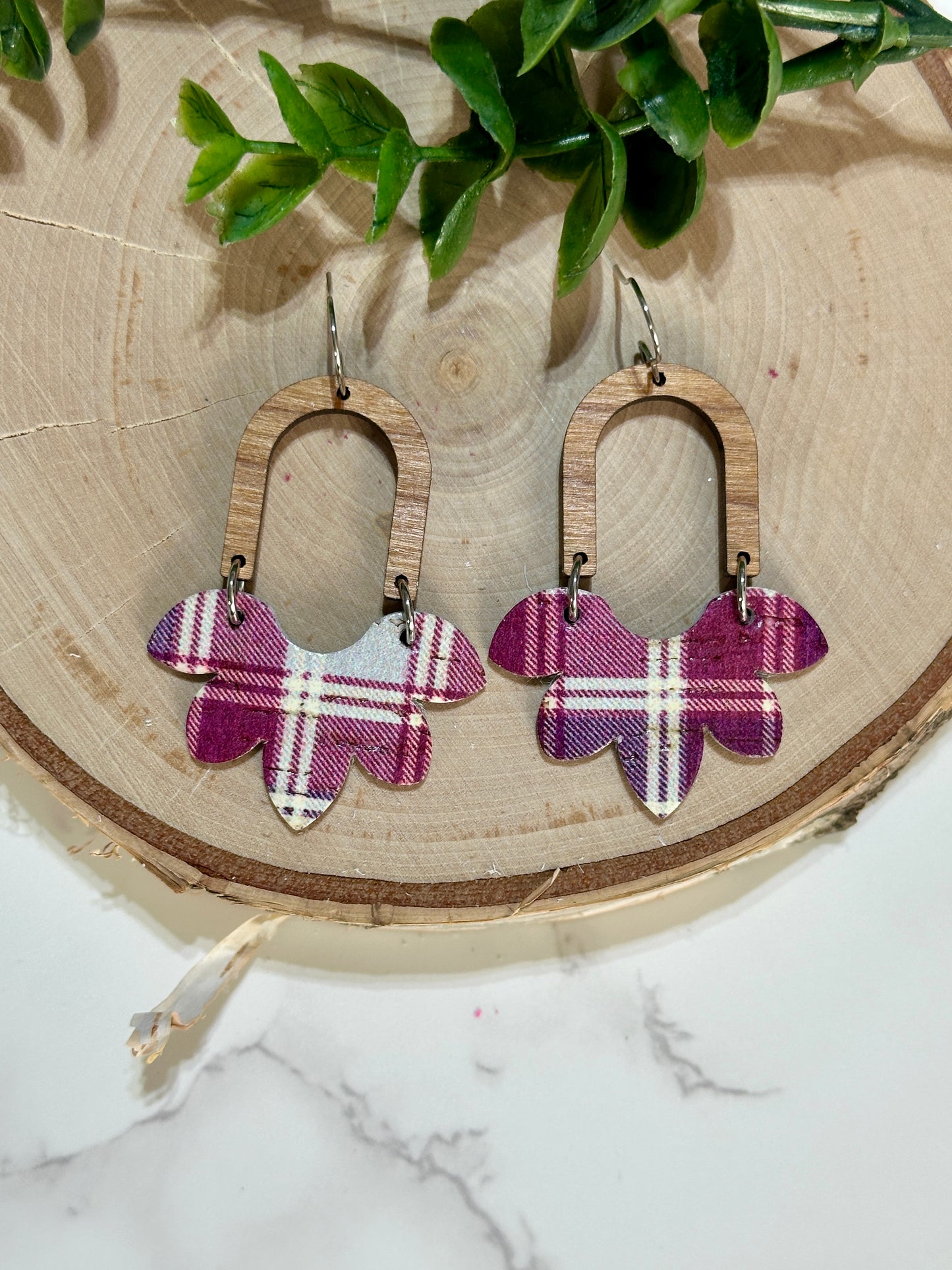 Half Flower/Arch Earrings - Purple/Raspberry Plaid
